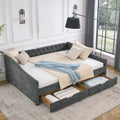 Queen Size Daybed With Drawers Upholstered Tufted Sofa Bed,With Button On Back And Copper Nail On Waved Shape Arms, Grey 84.5