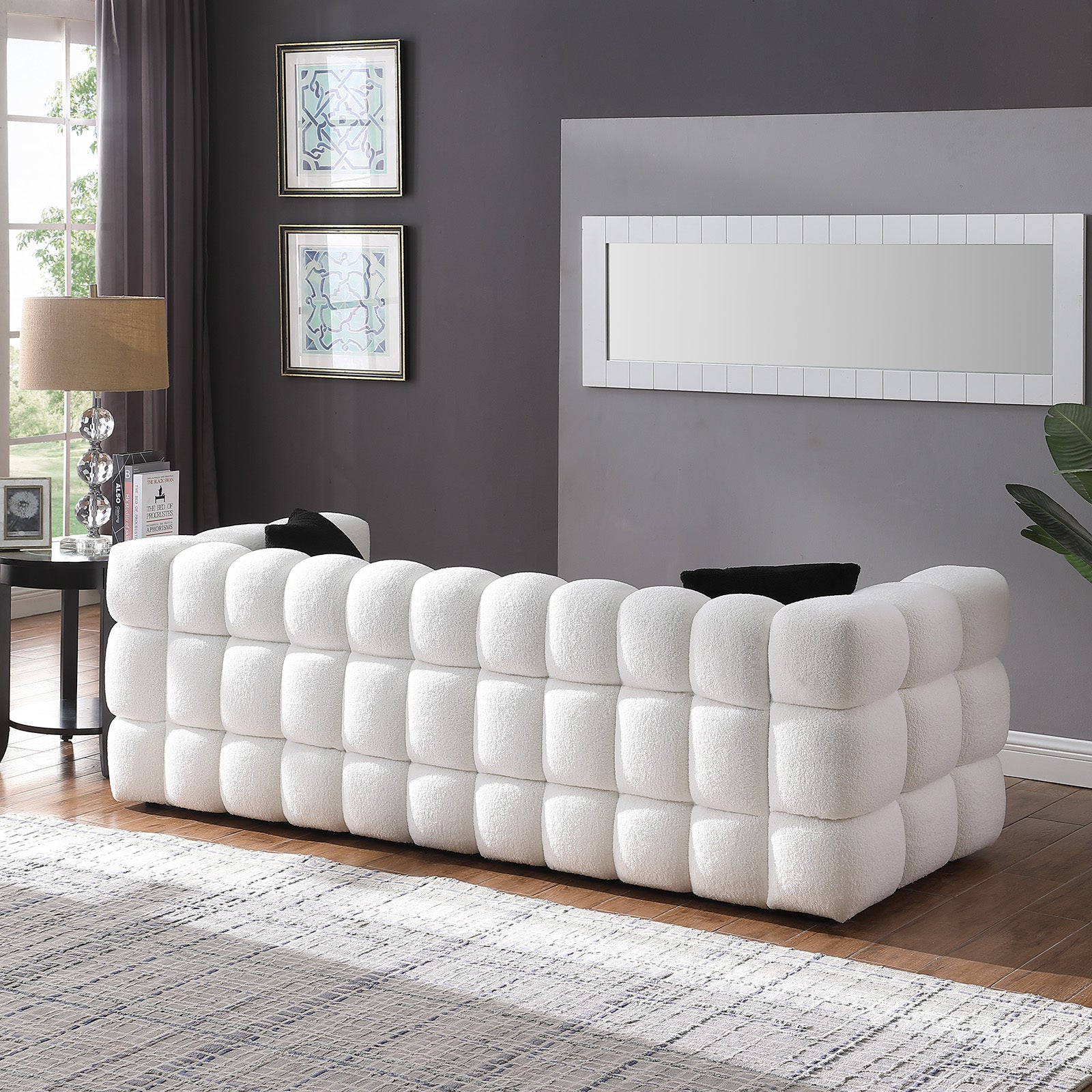 84.3 Length ,35.83" Deepth ,Human Body Structure For Usa People, Marshmallow Sofa,Boucle Sofa ,White Color,3 Seater White Light Brown Wood Primary Living Space Medium Soft Split Back Eucalyptus Square Arms Boucle 3 Seat