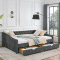 Queen Size Daybed With Drawers Upholstered Tufted Sofa Bed,With Button On Back And Copper Nail On Waved Shape Arms, Grey 84.5