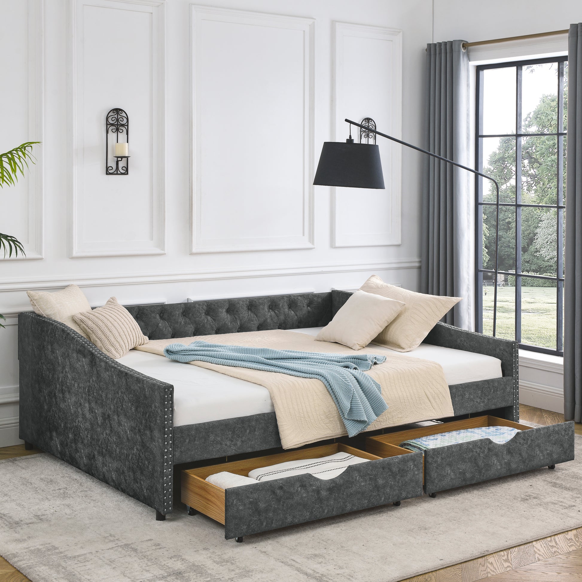 Queen Size Daybed With Drawers Upholstered Tufted Sofa Bed,With Button On Back And Copper Nail On Waved Shape Arms, Grey 84.5"X63.5"X26.5" Grey Polyester