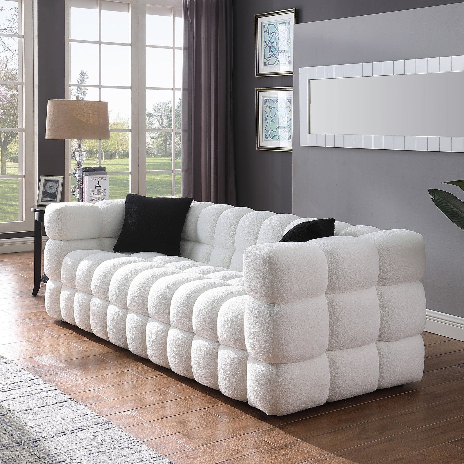 84.3 Length ,35.83" Deepth ,Human Body Structure For Usa People, Marshmallow Sofa,Boucle Sofa ,White Color,3 Seater White Light Brown Wood Primary Living Space Medium Soft Split Back Eucalyptus Square Arms Boucle 3 Seat