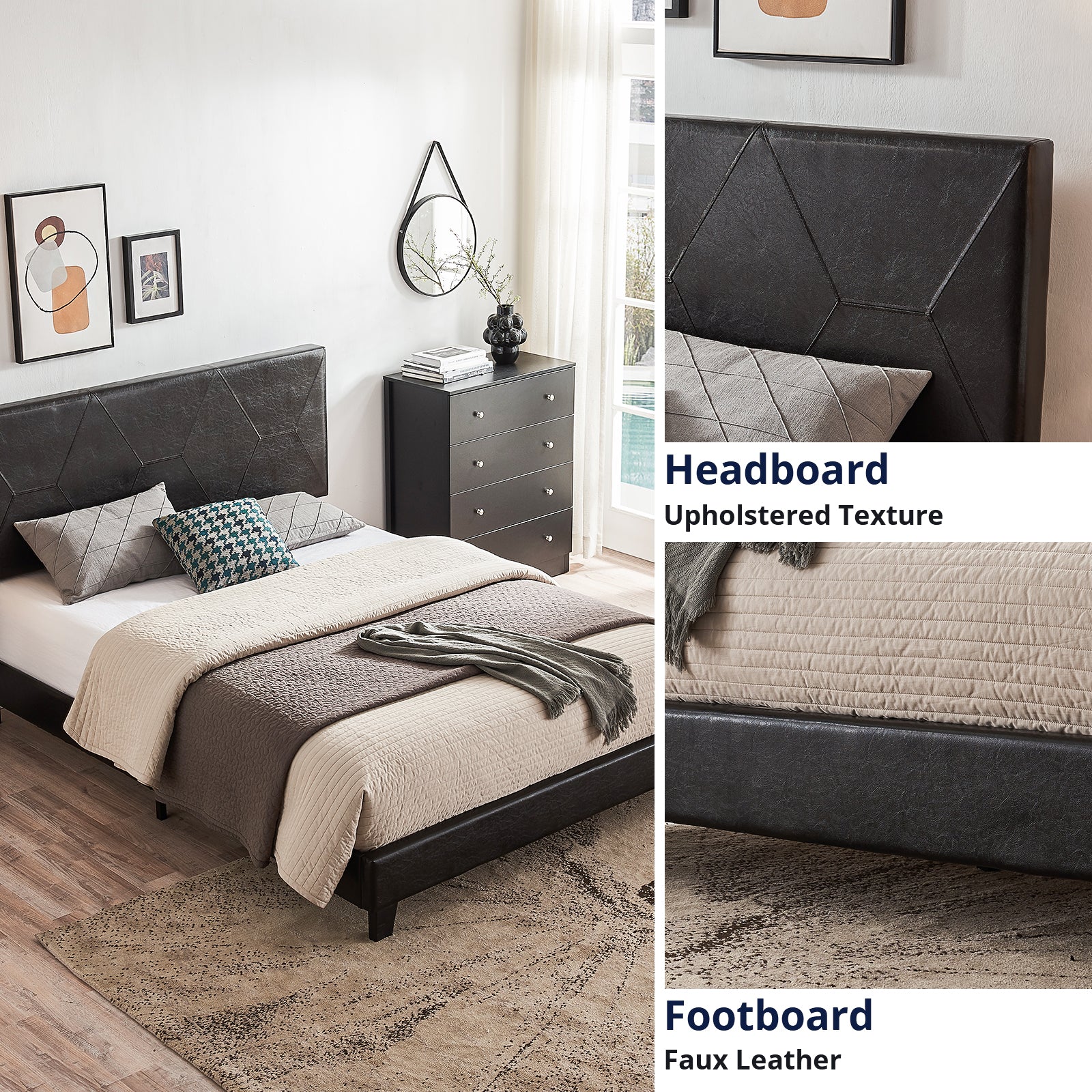 Queen Size Upholstered Platform Bed Frame ,Wood Slat Support, Easy Assembly,Black, Pu Black Pu Pu