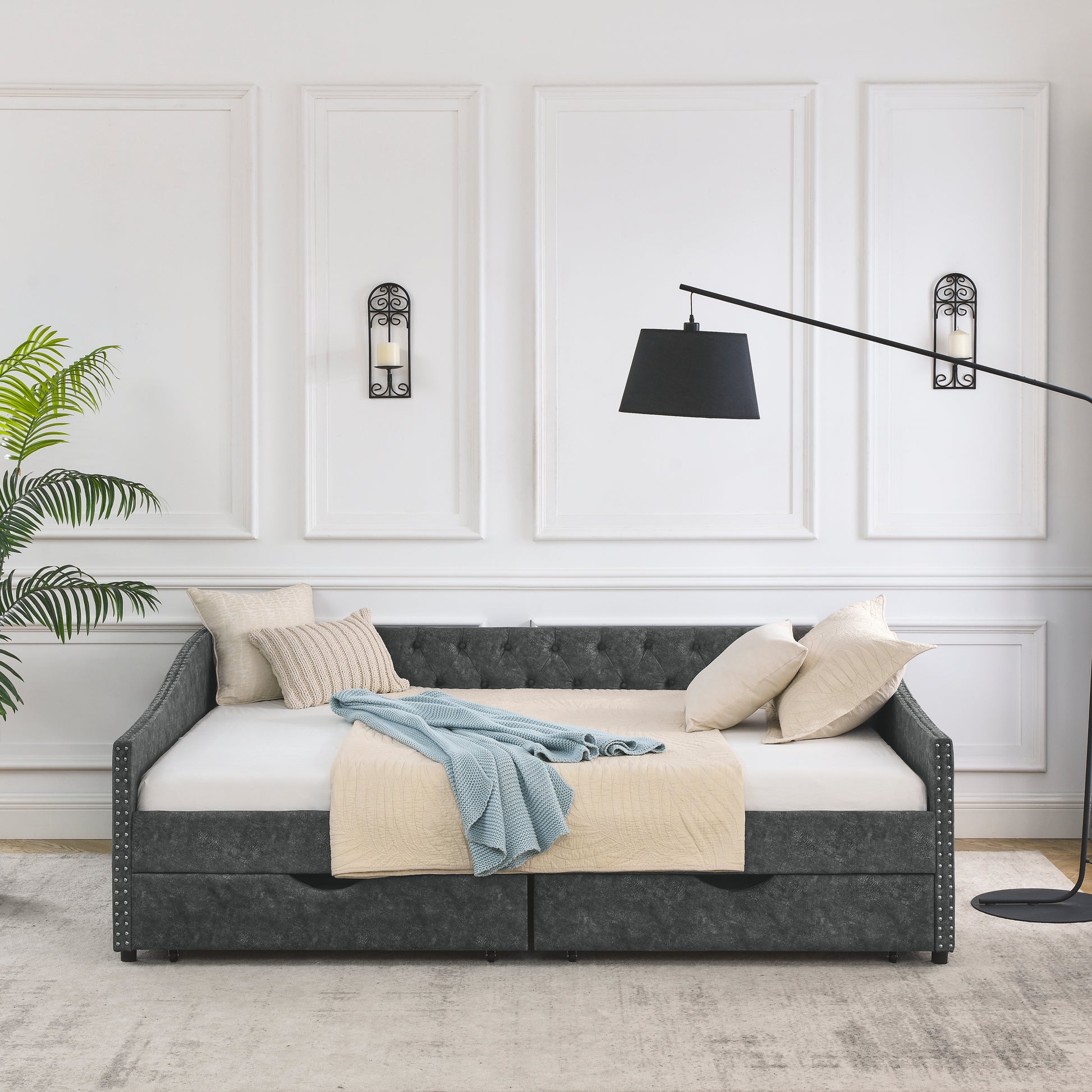 Queen Size Daybed With Drawers Upholstered Tufted Sofa Bed,With Button On Back And Copper Nail On Waved Shape Arms, Grey 84.5"X63.5"X26.5" Grey Polyester