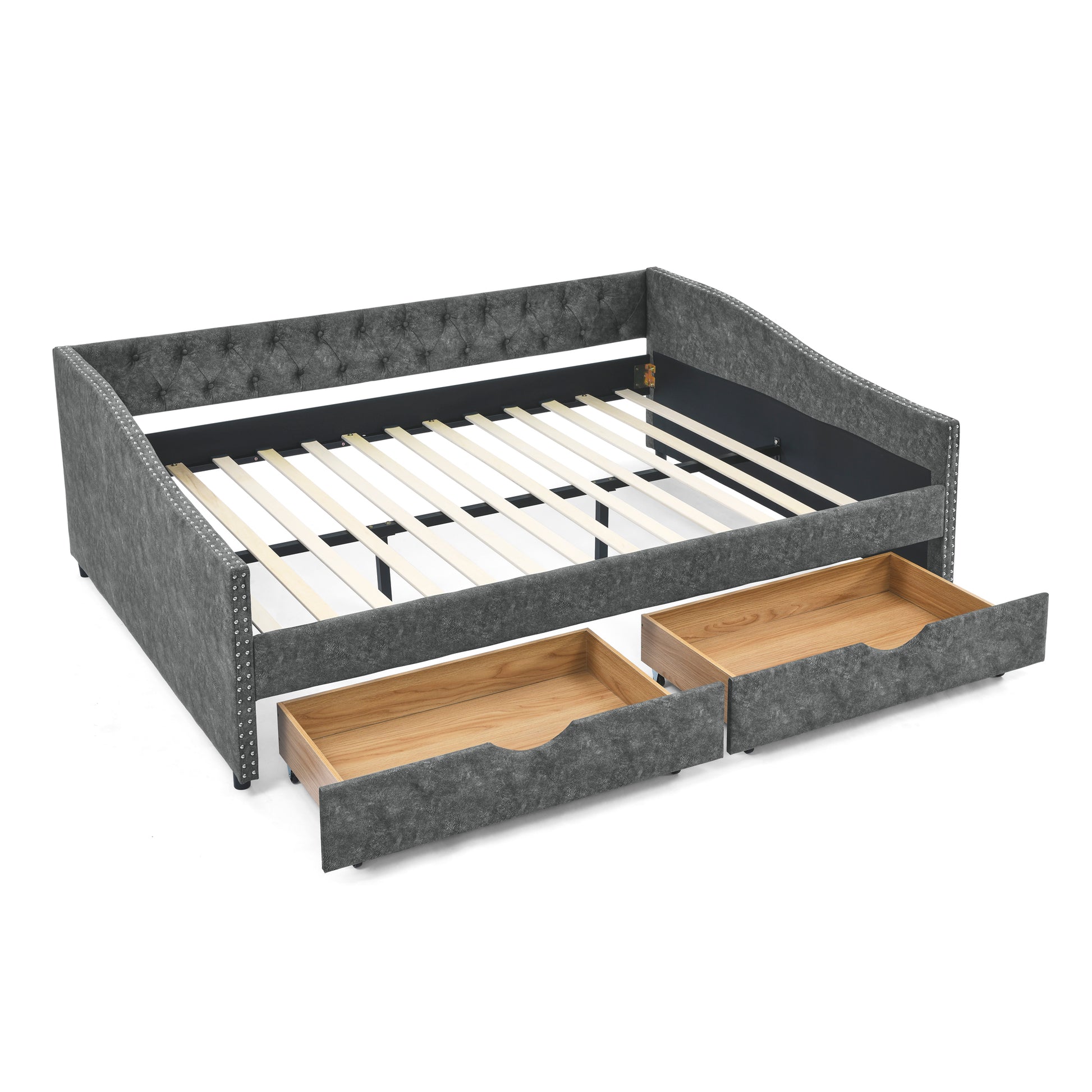 Queen Size Daybed With Drawers Upholstered Tufted Sofa Bed,With Button On Back And Copper Nail On Waved Shape Arms, Grey 84.5"X63.5"X26.5" Grey Polyester