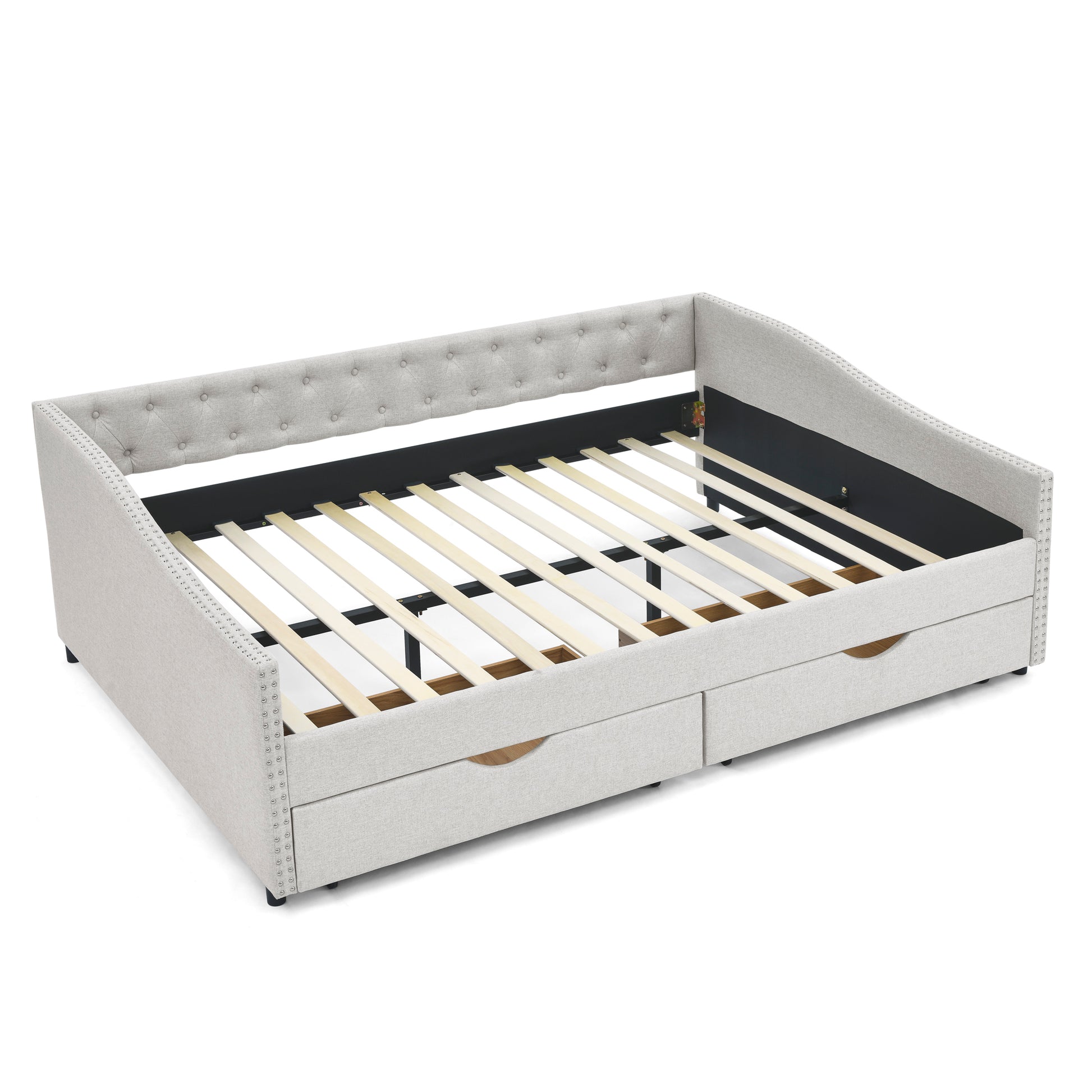 Queen Size Daybed With Drawers Upholstered Tufted Sofa Bed,With Button On Back And Copper Nail On Waved Shape Arms, Beige 84.5"X63.5"X26.5" Beige Linen