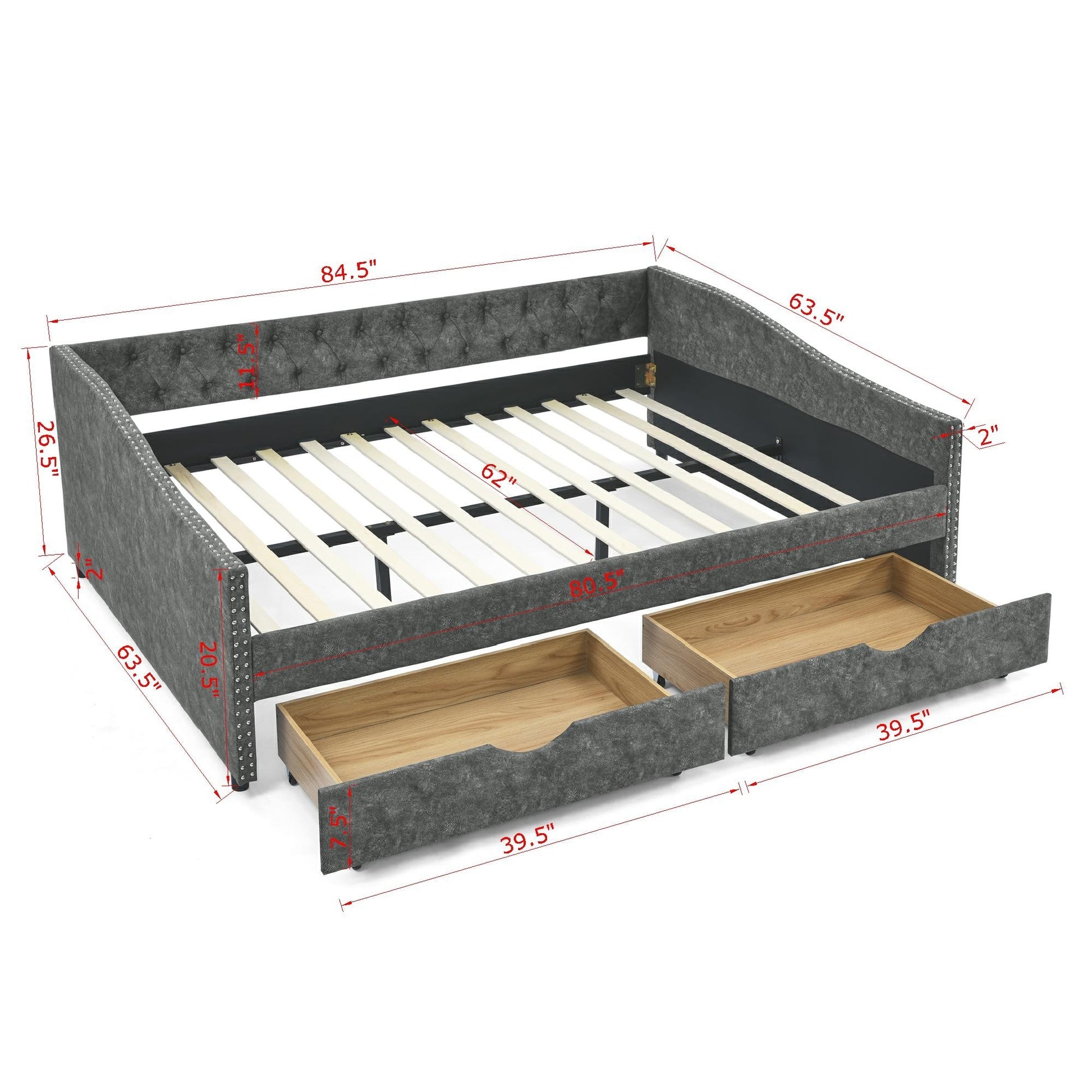 Queen Size Daybed With Drawers Upholstered Tufted Sofa Bed,With Button On Back And Copper Nail On Waved Shape Arms 84.5"X63.5"X26.5" Black Linen