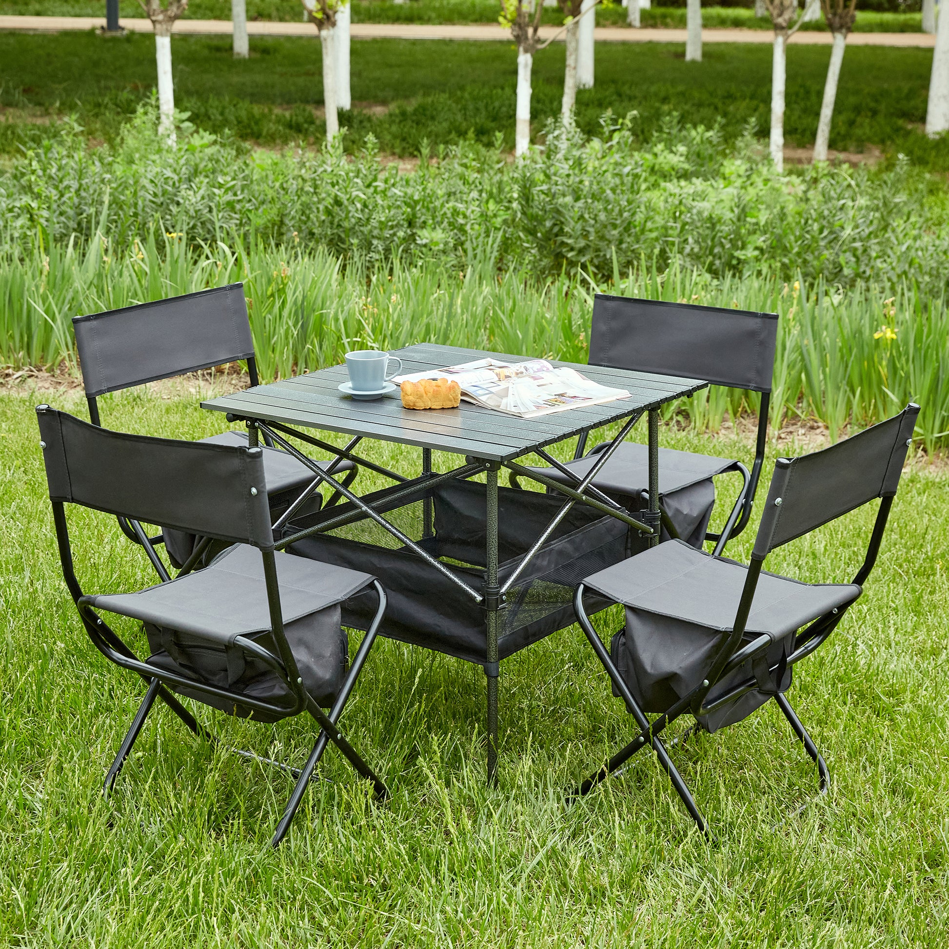 Set Of 5, Folding Outdoor Table And Chairs Set For Indoor, Outdoor Camping, Picnics, Beach,Backyard, Bbq, Party, Patio, Black Gray Black Aluminum