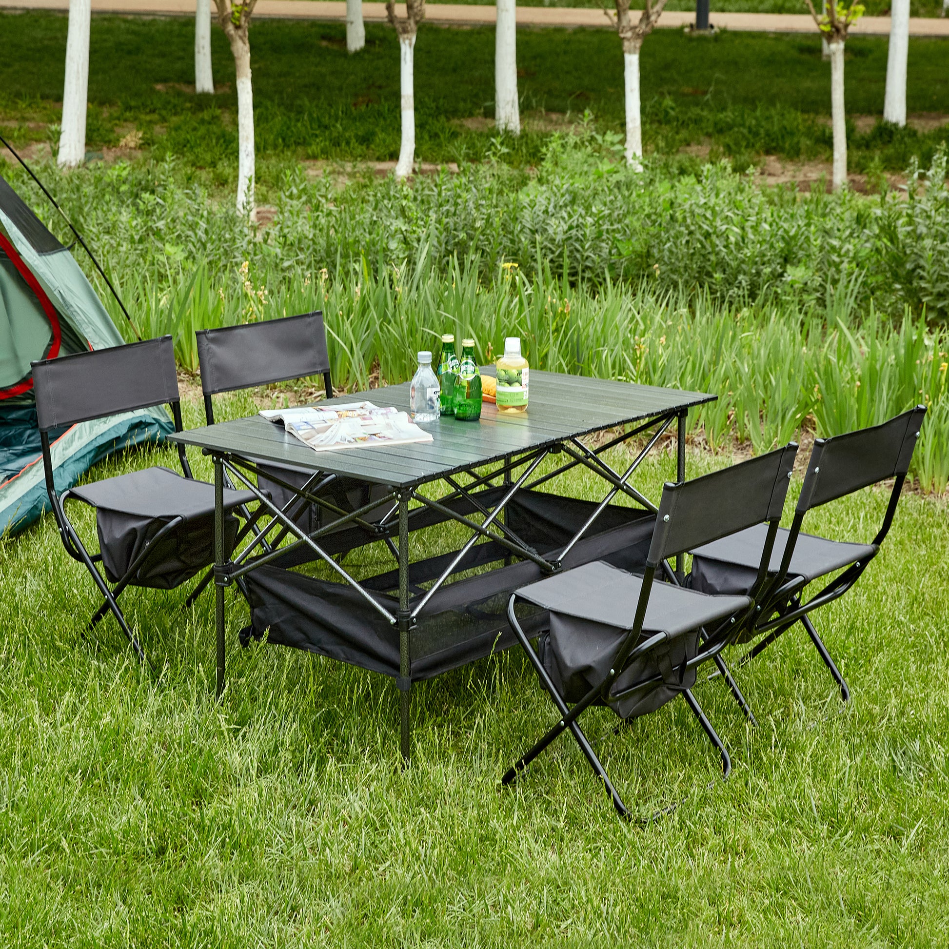 Set Of 5, Folding Outdoor Table And Chair Set For Indoor, Outdoor Camping, Picnics, Beach,Backyard, Bbq, Party, Patio, Black Gray Black Gray Aluminum