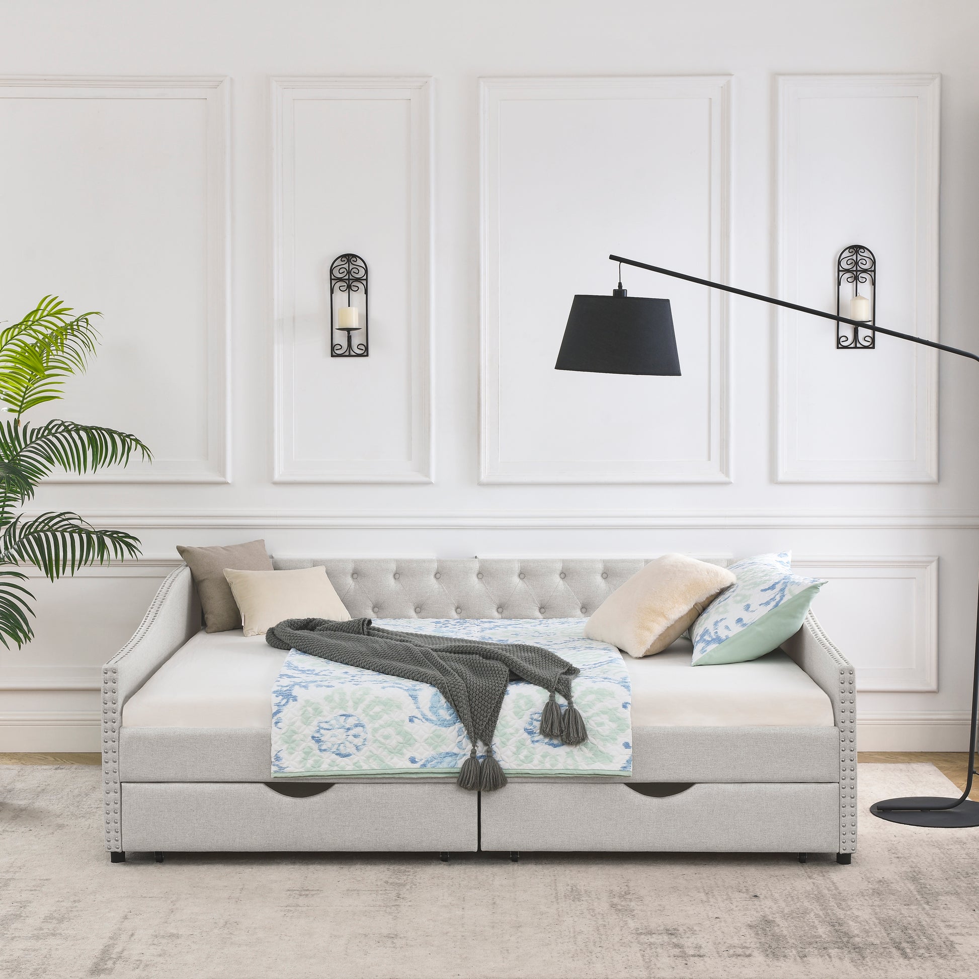 Queen Size Daybed With Drawers Upholstered Tufted Sofa Bed,With Button On Back And Copper Nail On Waved Shape Arms, Beige 84.5"X63.5"X26.5" Beige Linen