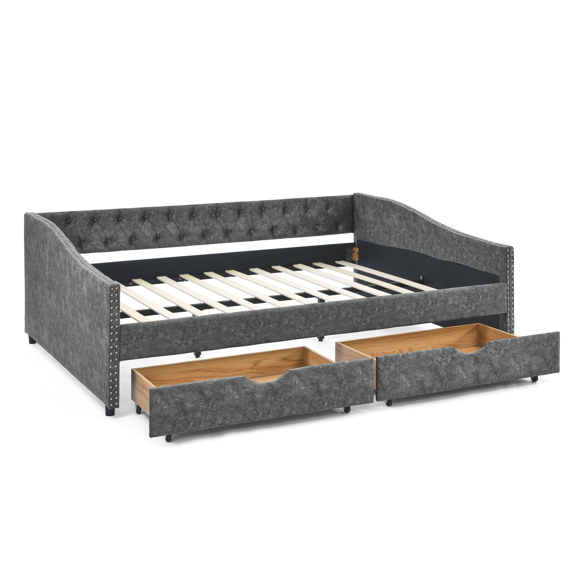 Queen Size Daybed With Drawers Upholstered Tufted Sofa Bed,With Button On Back And Copper Nail On Waved Shape Arms, Grey 84.5"X63.5"X26.5" Grey Polyester