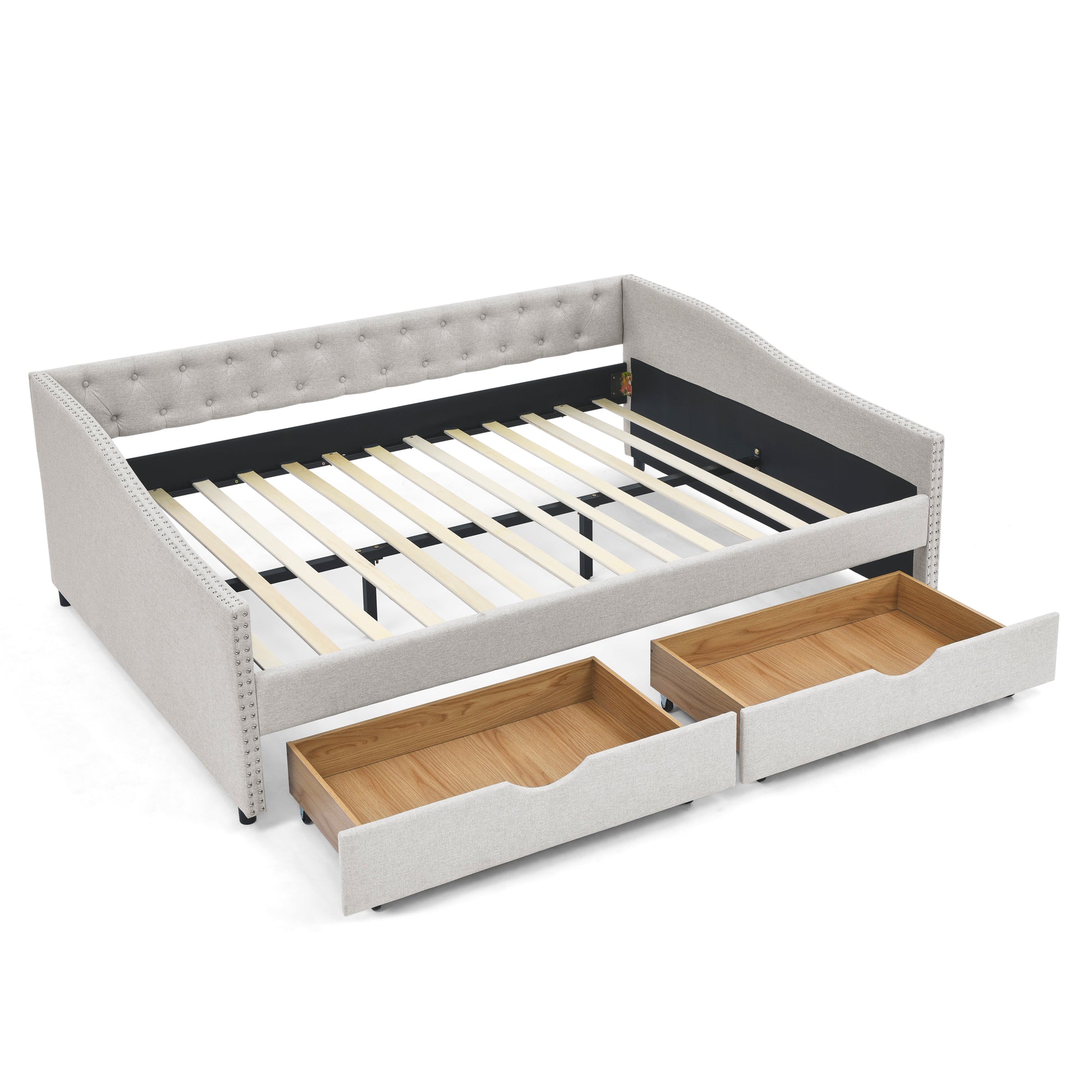 Queen Size Daybed With Drawers Upholstered Tufted Sofa Bed,With Button On Back And Copper Nail On Waved Shape Arms, Beige 84.5"X63.5"X26.5" Beige Linen