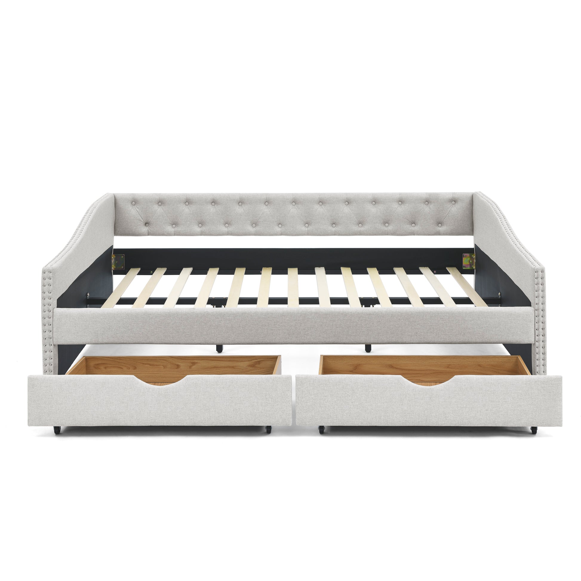Queen Size Daybed With Drawers Upholstered Tufted Sofa Bed,With Button On Back And Copper Nail On Waved Shape Arms, Beige 84.5"X63.5"X26.5" Beige Linen