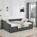 Queen Size Daybed With Drawers Upholstered Tufted Sofa Bed,With Button On Back And Copper Nail On Waved Shape Arms, Grey 84.5