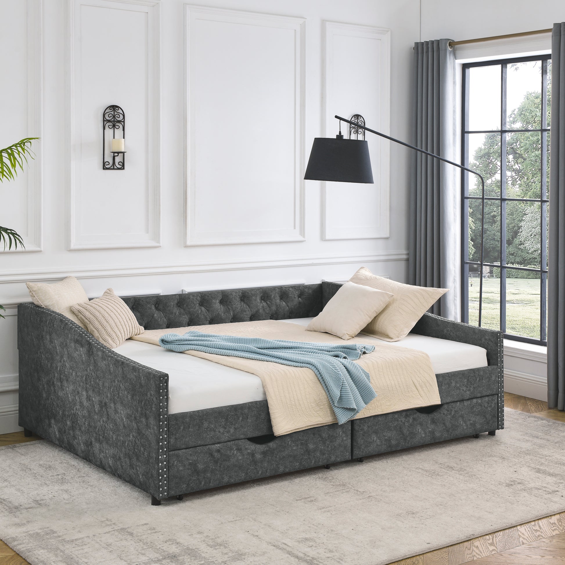 Queen Size Daybed With Drawers Upholstered Tufted Sofa Bed,With Button On Back And Copper Nail On Waved Shape Arms, Grey 84.5"X63.5"X26.5" Grey Polyester