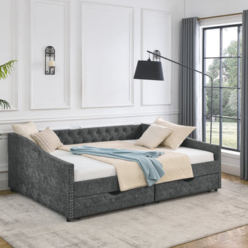 Queen Size Daybed With Drawers Upholstered Tufted Sofa Bed,With Button On Back And Copper Nail On Waved Shape Arms, Grey 84.5"X63.5"X26.5" Grey Polyester