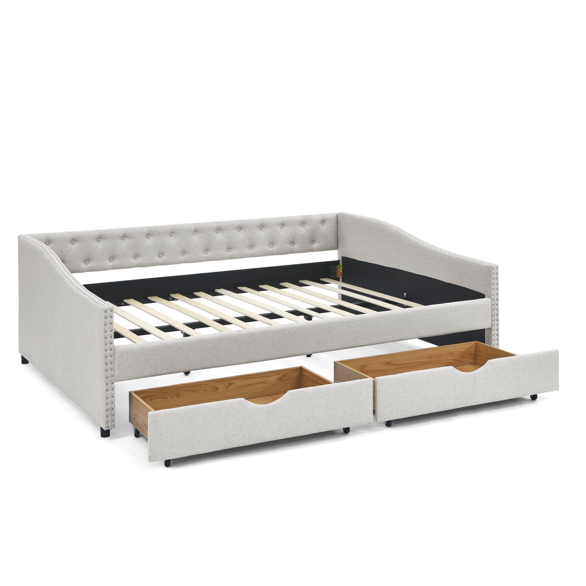 Queen Size Daybed With Drawers Upholstered Tufted Sofa Bed,With Button On Back And Copper Nail On Waved Shape Arms, Beige 84.5"X63.5"X26.5" Beige Linen
