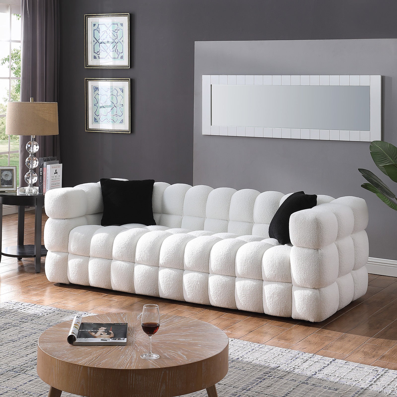 84.3 Length ,35.83" Deepth ,Human Body Structure For Usa People, Marshmallow Sofa,Boucle Sofa ,White Color,3 Seater White Light Brown Wood Primary Living Space Medium Soft Split Back Eucalyptus Square Arms Boucle 3 Seat