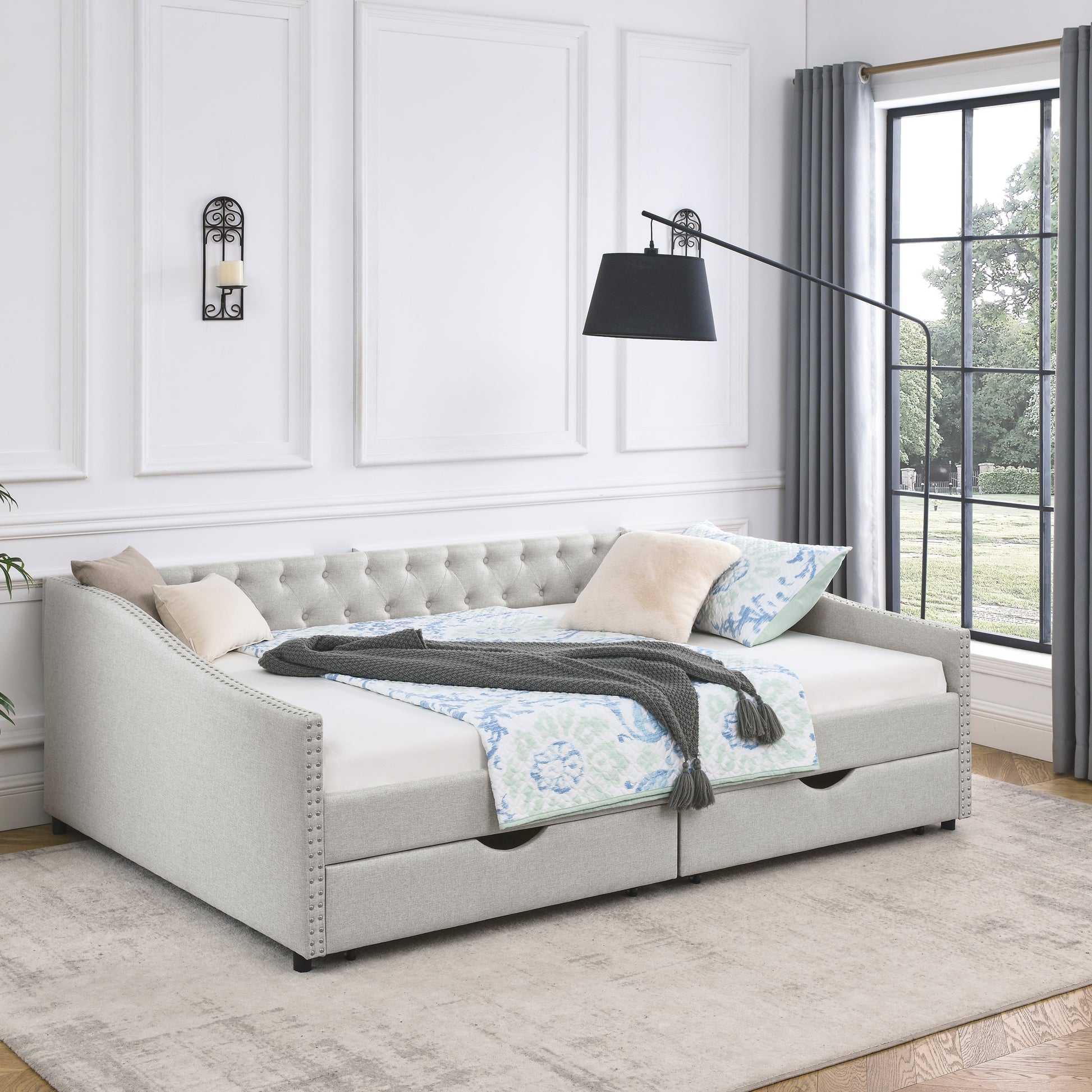 Queen Size Daybed With Drawers Upholstered Tufted Sofa Bed,With Button On Back And Copper Nail On Waved Shape Arms, Beige 84.5"X63.5"X26.5" Beige Linen