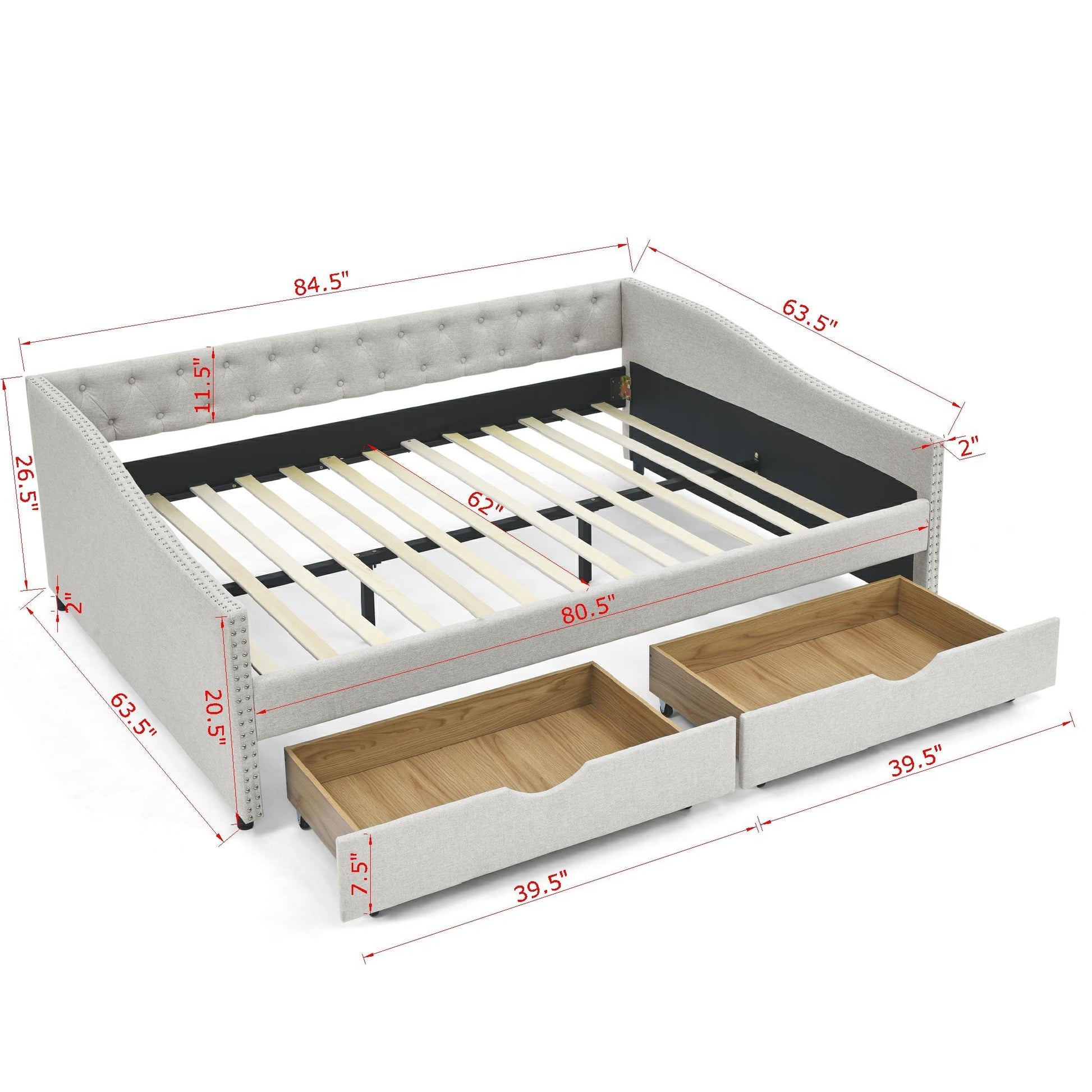 Queen Size Daybed With Drawers Upholstered Tufted Sofa Bed,With Button On Back And Copper Nail On Waved Shape Arms, Beige 84.5"X63.5"X26.5" Beige Linen