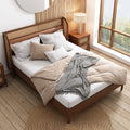 Modern Cannage Rattan Wood Platform Queen Bed, Walnut Walnut Wood