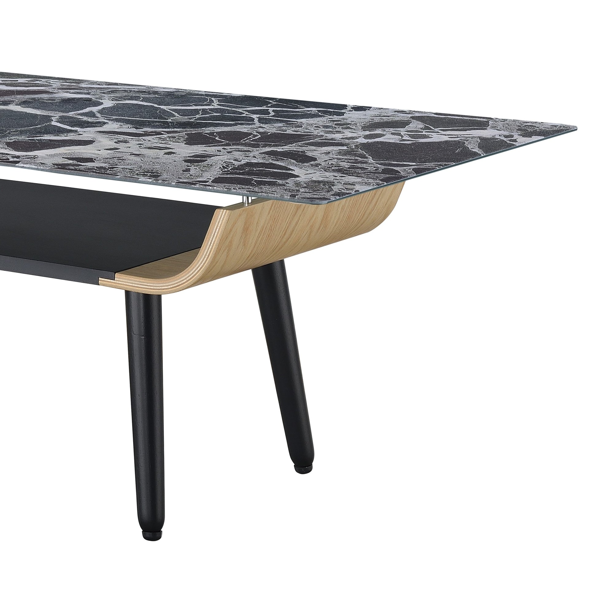 Landon 47" Coffee Table With Glass Black Marble Texture Top And Bent Wood Design Black Glass