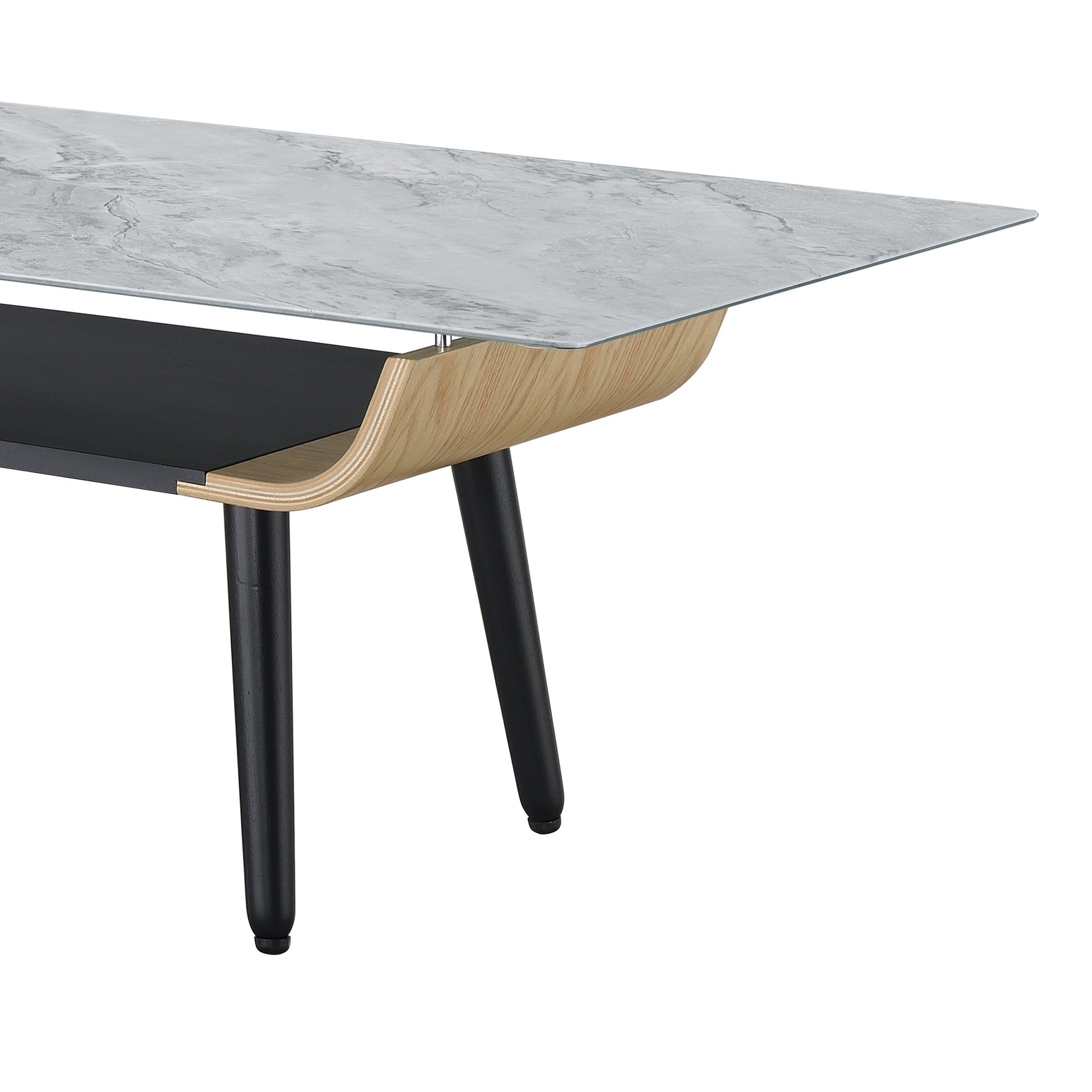 Landon 47" Coffee Table With Glass Gray Marble Texture Top And Bent Wood Design Gray Glass