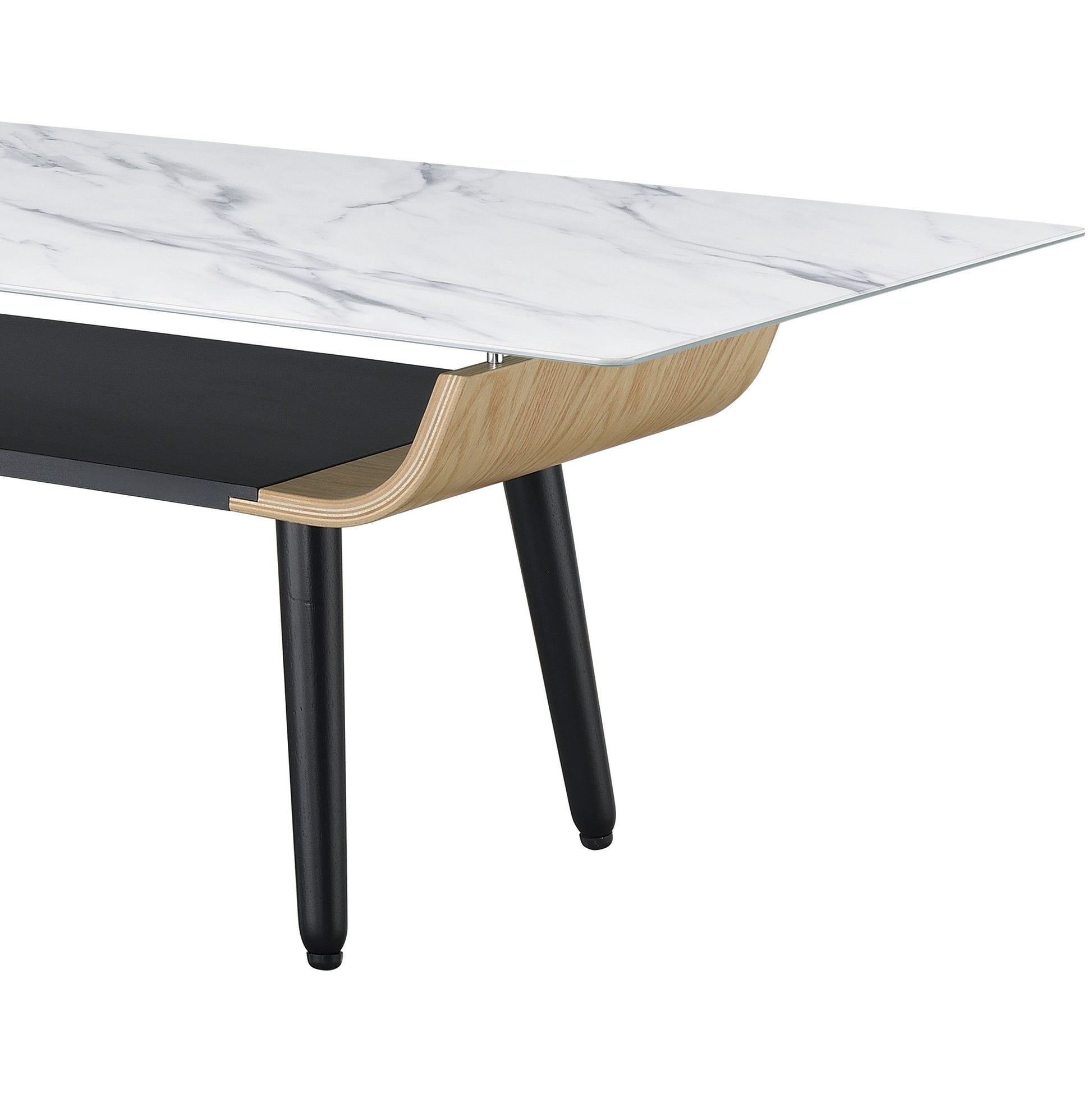 Landon 47" Coffee Table With Glass White Marble Texture Top And Bent Wood Design White Glass