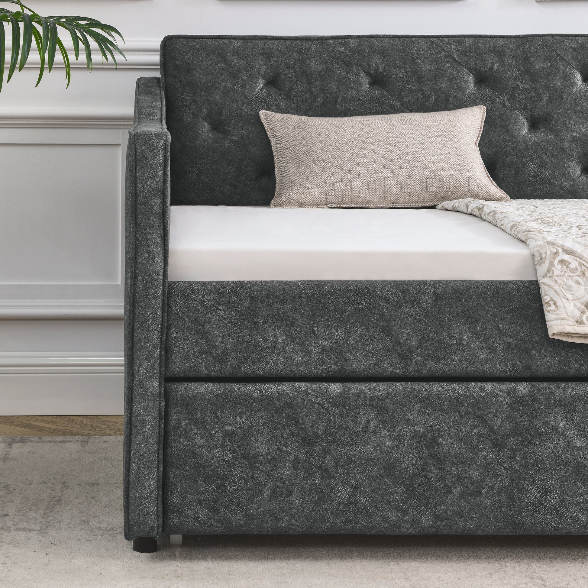 Twin Size Daybed With Twin Size Trundle Upholstered Tufted Sofa Bed, Waved Shape Arms, Grey 80.5"X44.5"X33.5" Grey Polyester