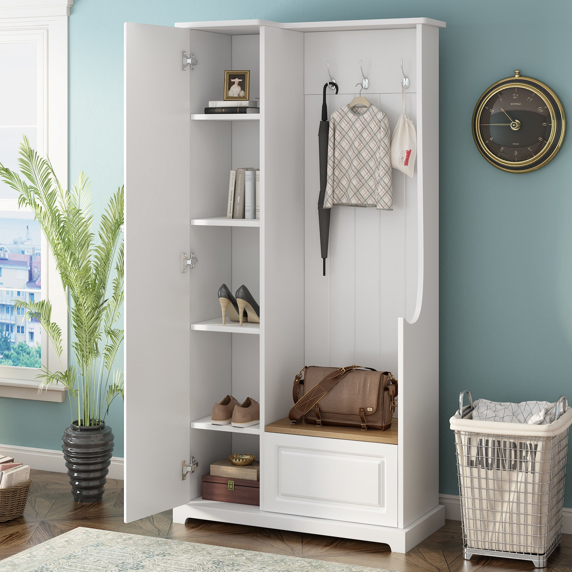Stylish Design Hall Tree With Flip Up Bench, Minimalist Hallway Shoe Cabinet With Adjustable Shelves, Multifunctional Furniture With Hanging Hooks For Entryways, Mudroom, White High Back White Primary Living Space Minimalist Wood Flip Top Mdf