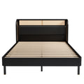 Modern Cannage Rattan Wood Platform Queen Bed, Black Black Wood