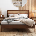 Modern Cannage Rattan Wood Platform Queen Bed, Walnut Walnut Wood