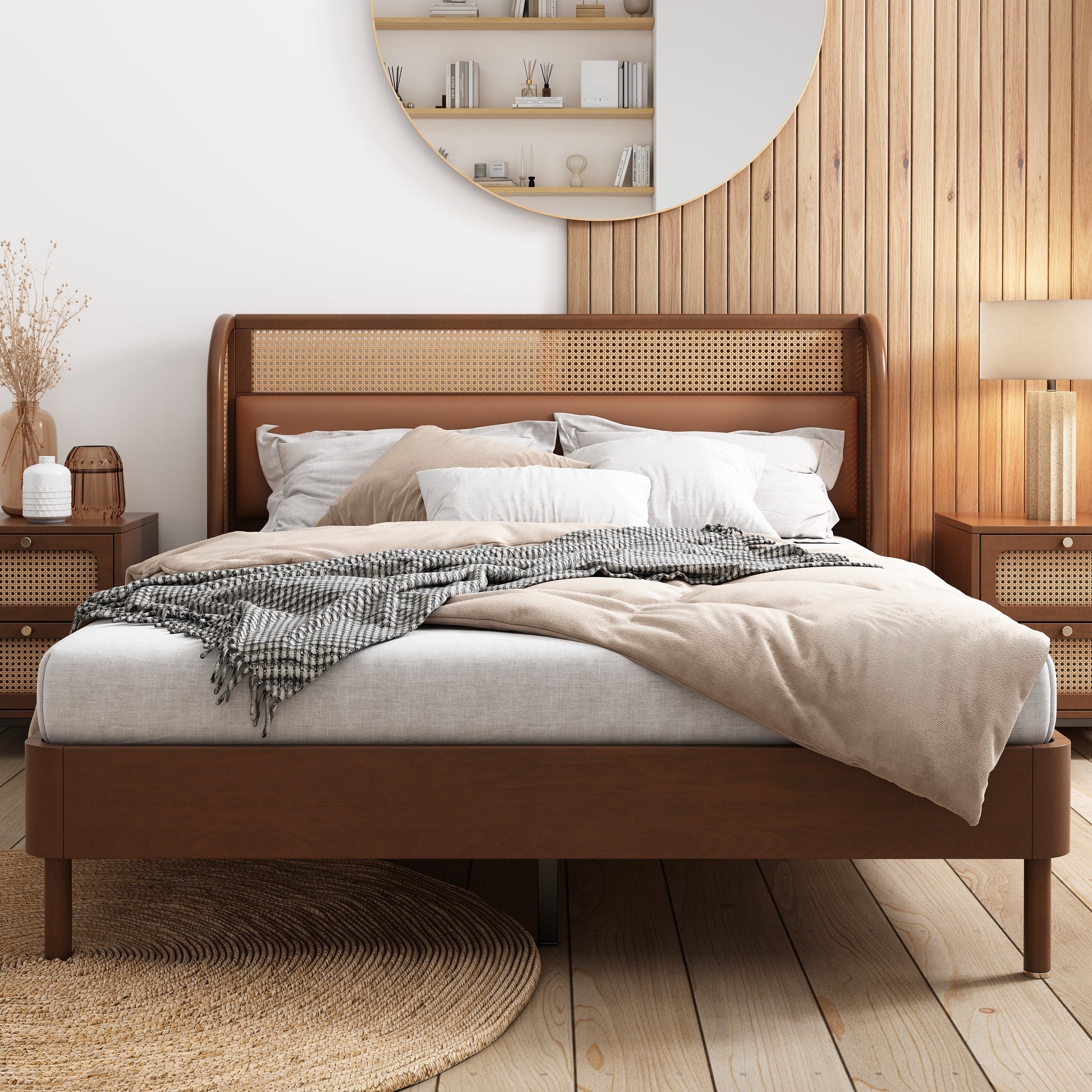 Modern Cannage Rattan Wood Platform Queen Bed, Walnut Walnut Wood