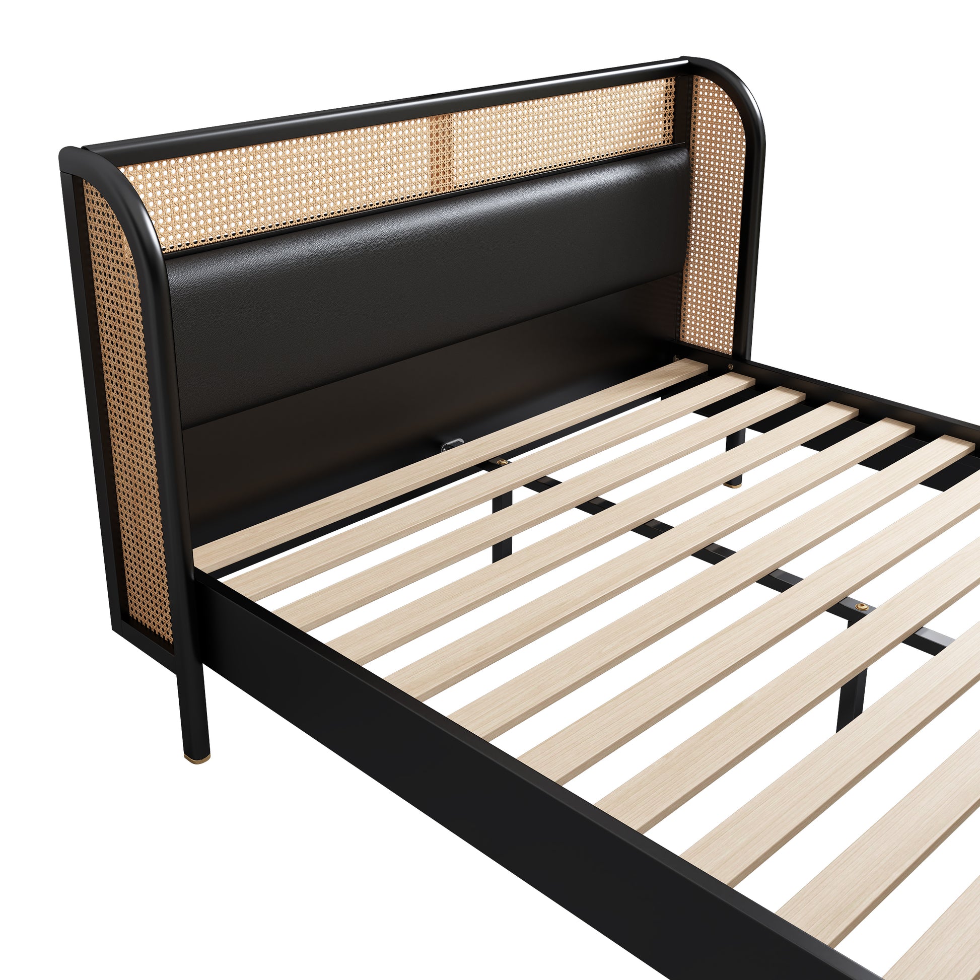 Modern Cannage Rattan Wood Platform Queen Bed, Black Black Wood