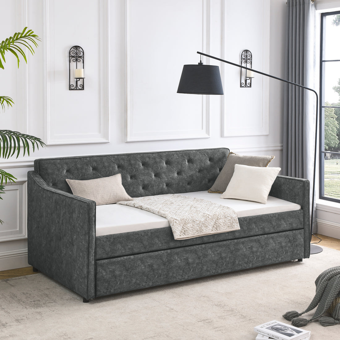 Twin Size Daybed With Twin Size Trundle Upholstered Tufted Sofa Bed, Waved Shape Arms, Grey 80.5"X44.5"X33.5" Grey Polyester