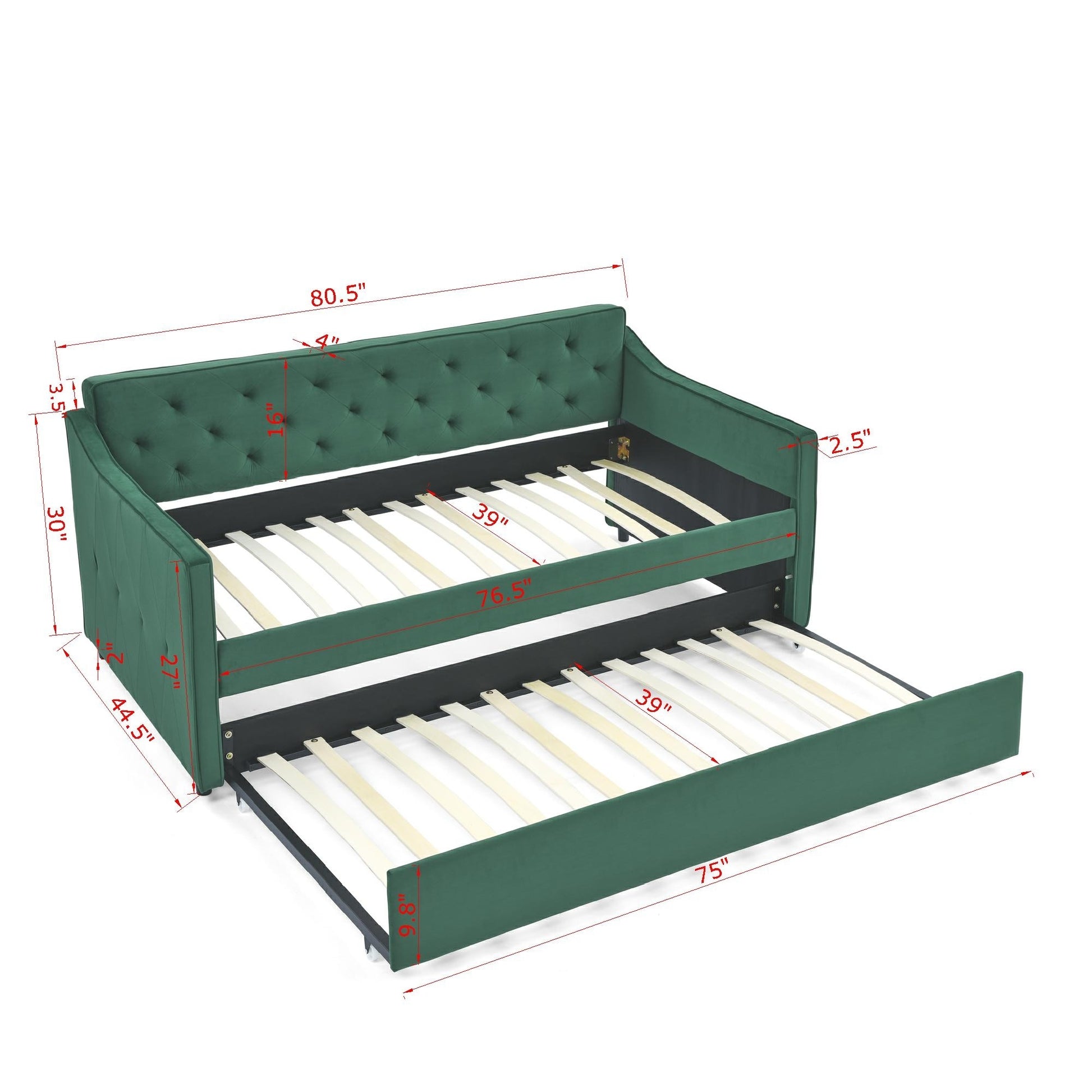Twin Size Daybed With Twin Size Trundle Upholstered Tufted Sofa Bed, Waved Shape Arms 80.5"X44.5"X33.5" Green Velvet