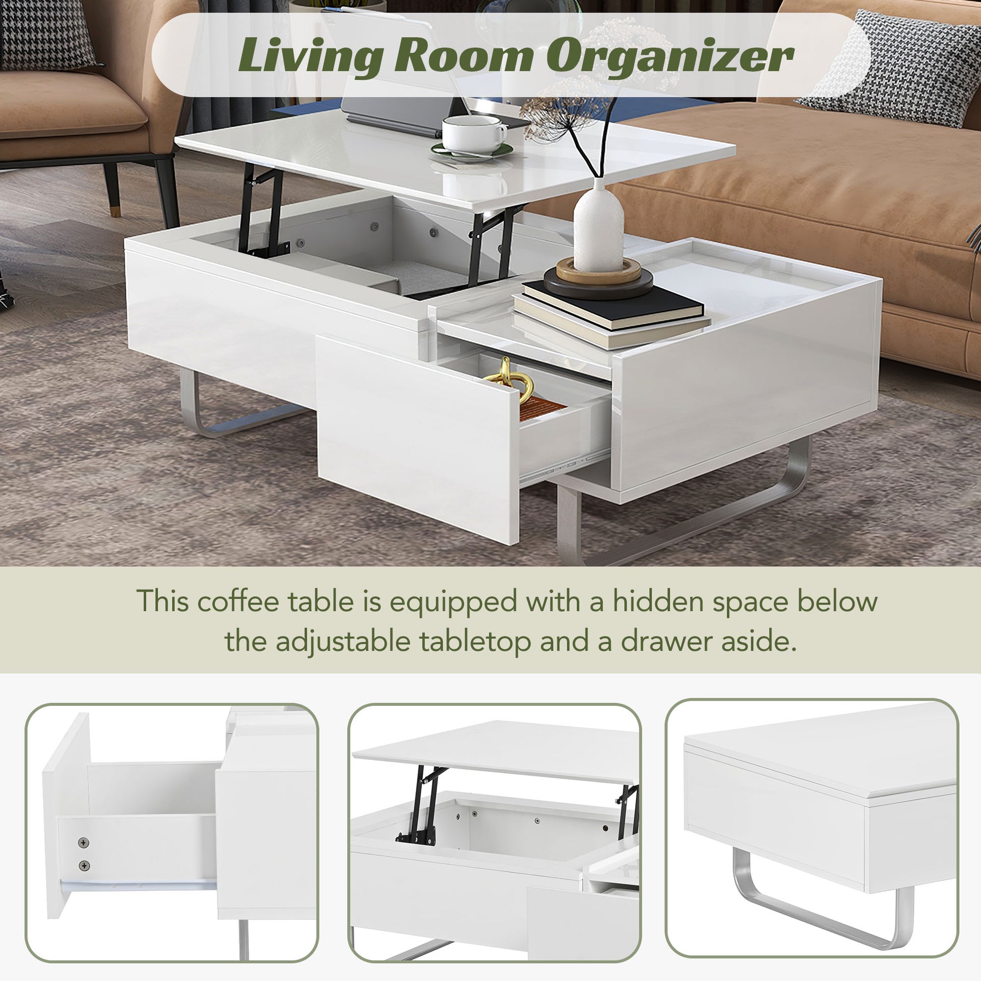 Multi Functional Coffee Table With Lifted Tabletop, Contemporary Cocktail Table With Metal Frame Legs, High Gloss Surface Dining Table For Living Room, White White Soft Close Drawers Primary Living Space Contemporary Manual Freestanding Rectangular Hutch