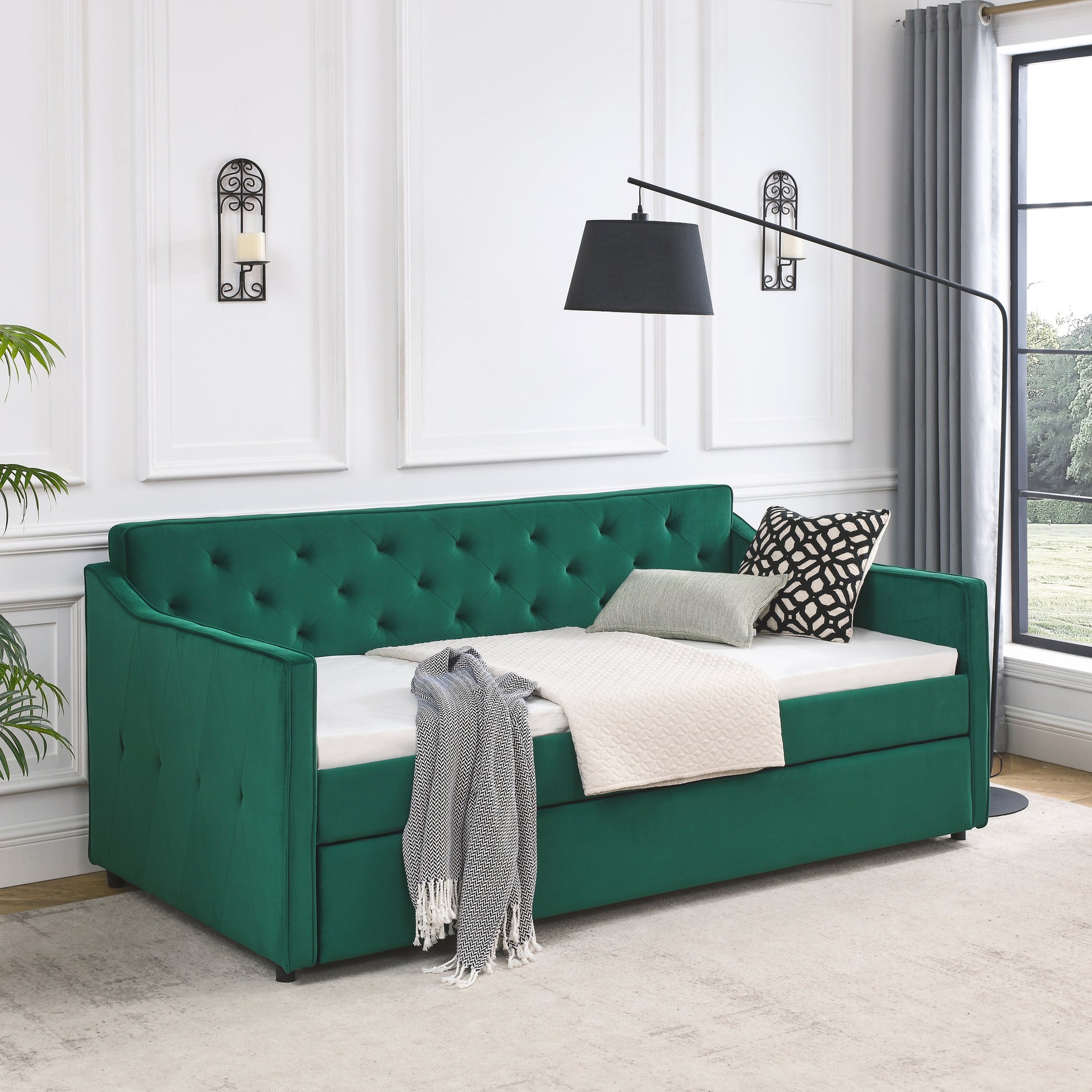 Twin Size Daybed With Twin Size Trundle Upholstered Tufted Sofa Bed, Waved Shape Arms 80.5"X44.5"X33.5" Green Velvet