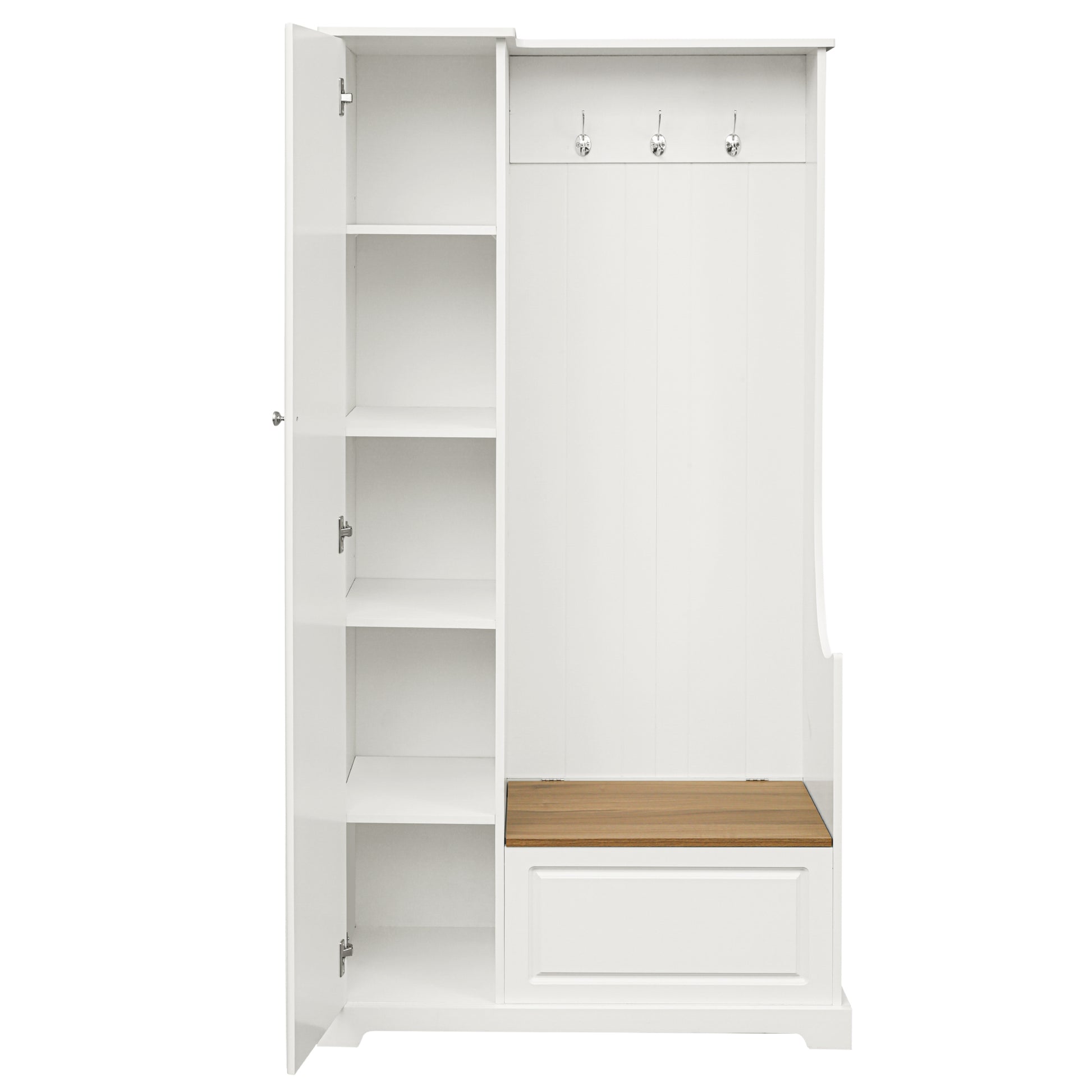 Stylish Design Hall Tree With Flip Up Bench, Minimalist Hallway Shoe Cabinet With Adjustable Shelves, Multifunctional Furniture With Hanging Hooks For Entryways, Mudroom, White High Back White Primary Living Space Minimalist Wood Flip Top Mdf
