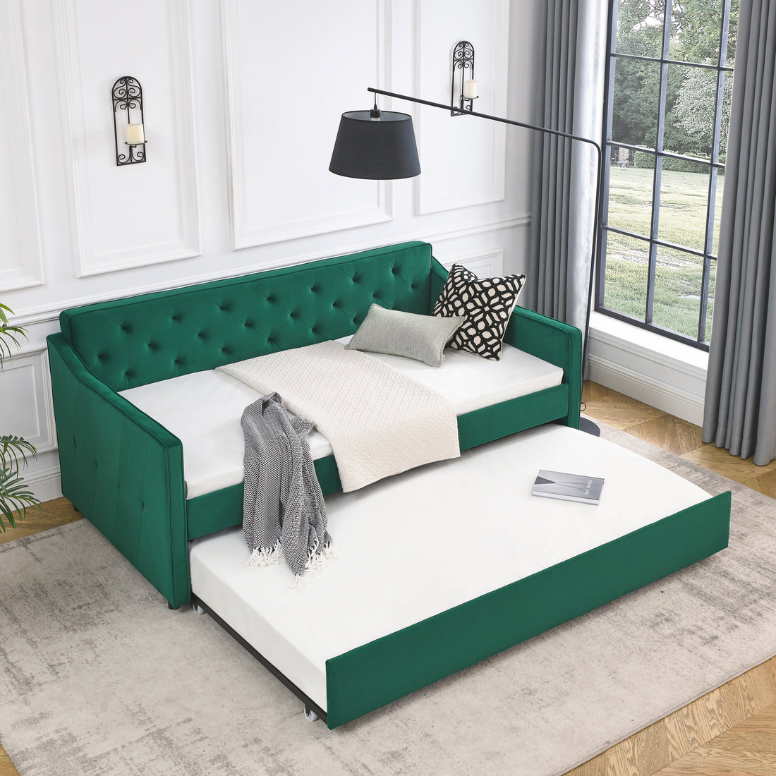Twin Size Daybed With Twin Size Trundle Upholstered Tufted Sofa Bed, Waved Shape Arms 80.5"X44.5"X33.5" Green Velvet