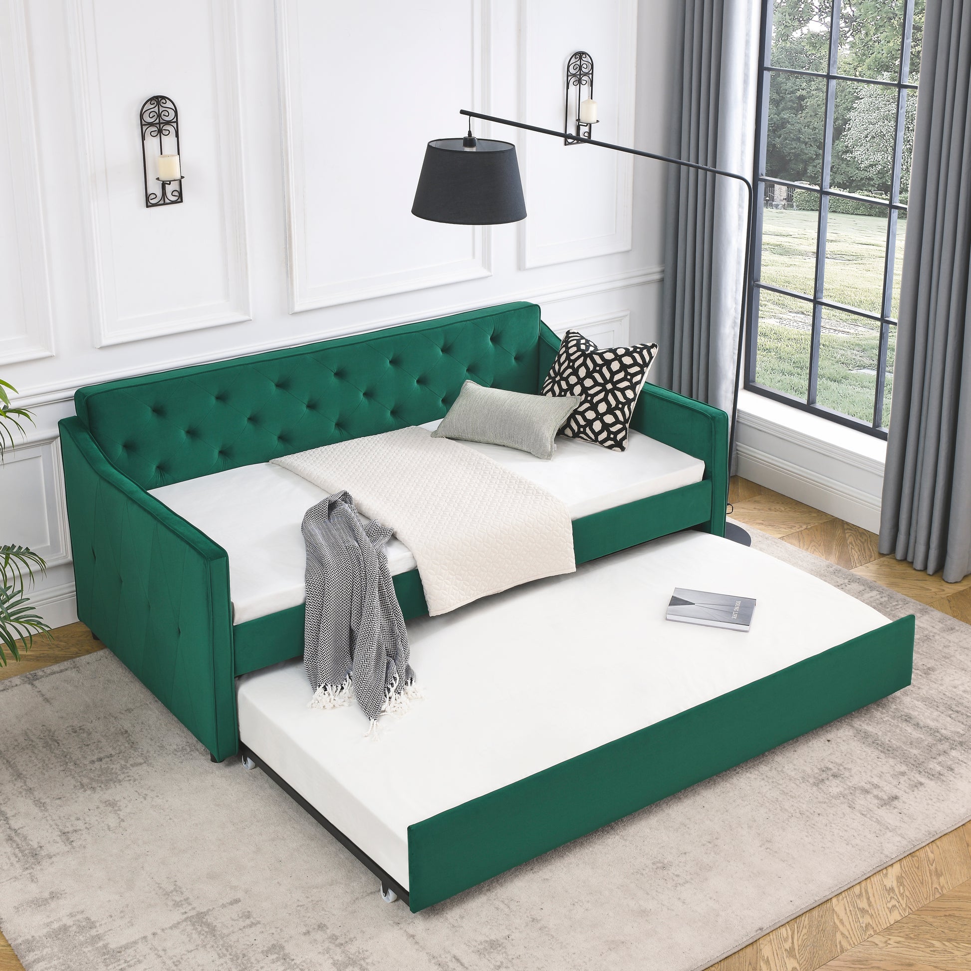 Twin Size Daybed With Twin Size Trundle Upholstered Tufted Sofa Bed, Waved Shape Arms 80.5"X44.5"X33.5" Green Velvet