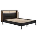 Modern Cannage Rattan Wood Platform Queen Bed, Black Black Wood