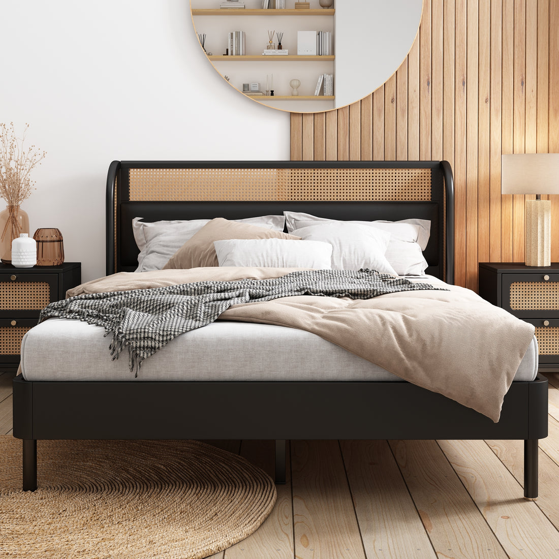 Modern Cannage Rattan Wood Platform Queen Bed, Black Black Wood
