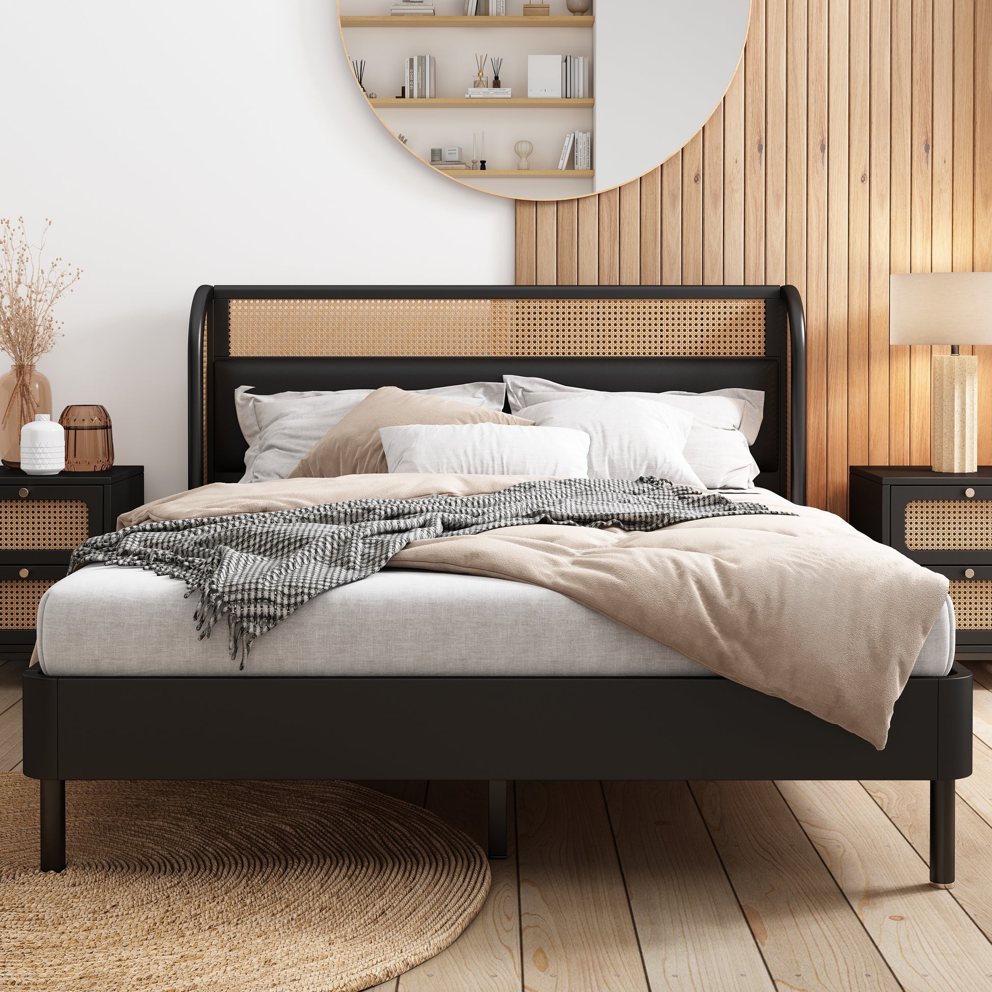 Modern Cannage Rattan Wood Platform Queen Bed, Black Black Wood