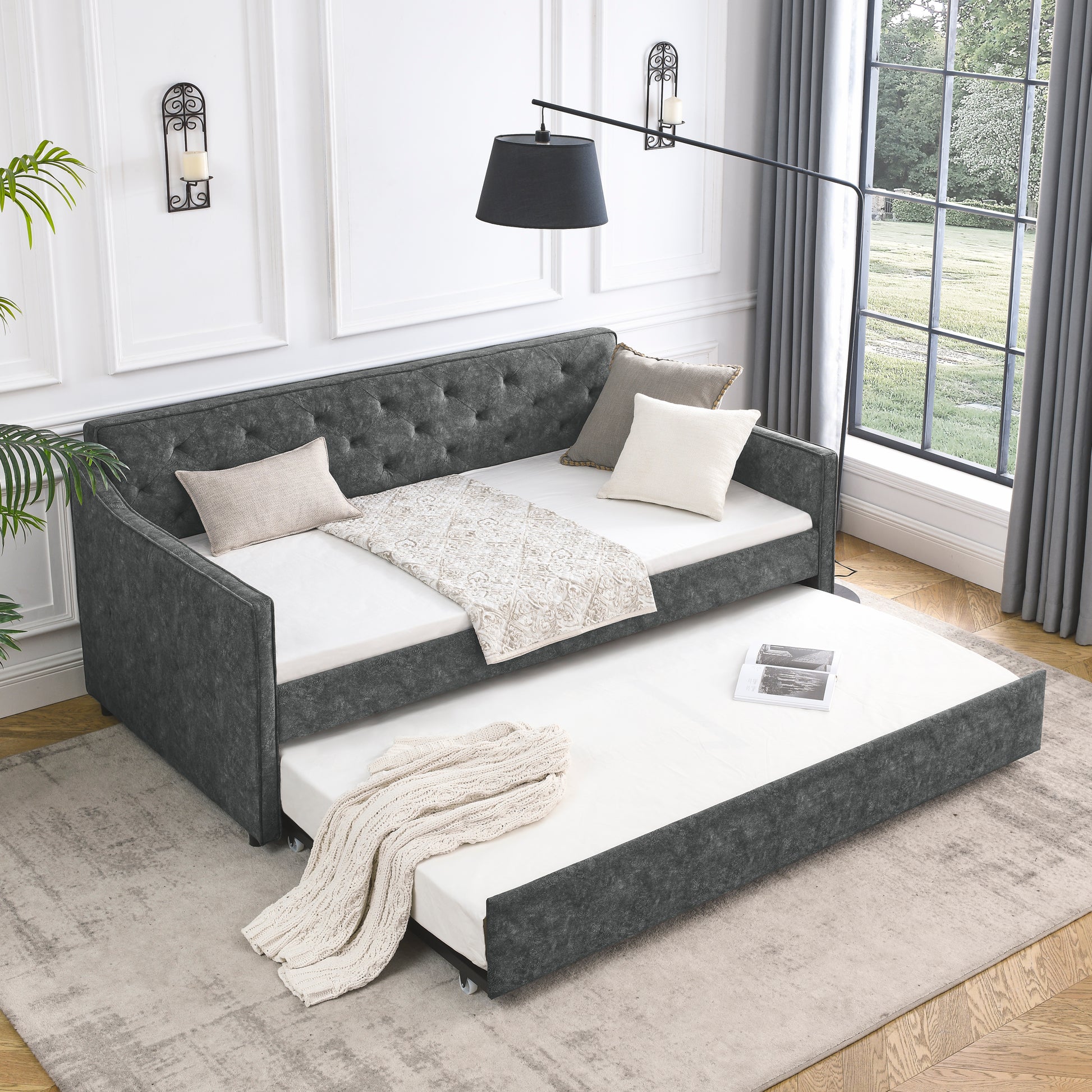 Twin Size Daybed With Twin Size Trundle Upholstered Tufted Sofa Bed, Waved Shape Arms, Grey 80.5"X44.5"X33.5" Grey Polyester