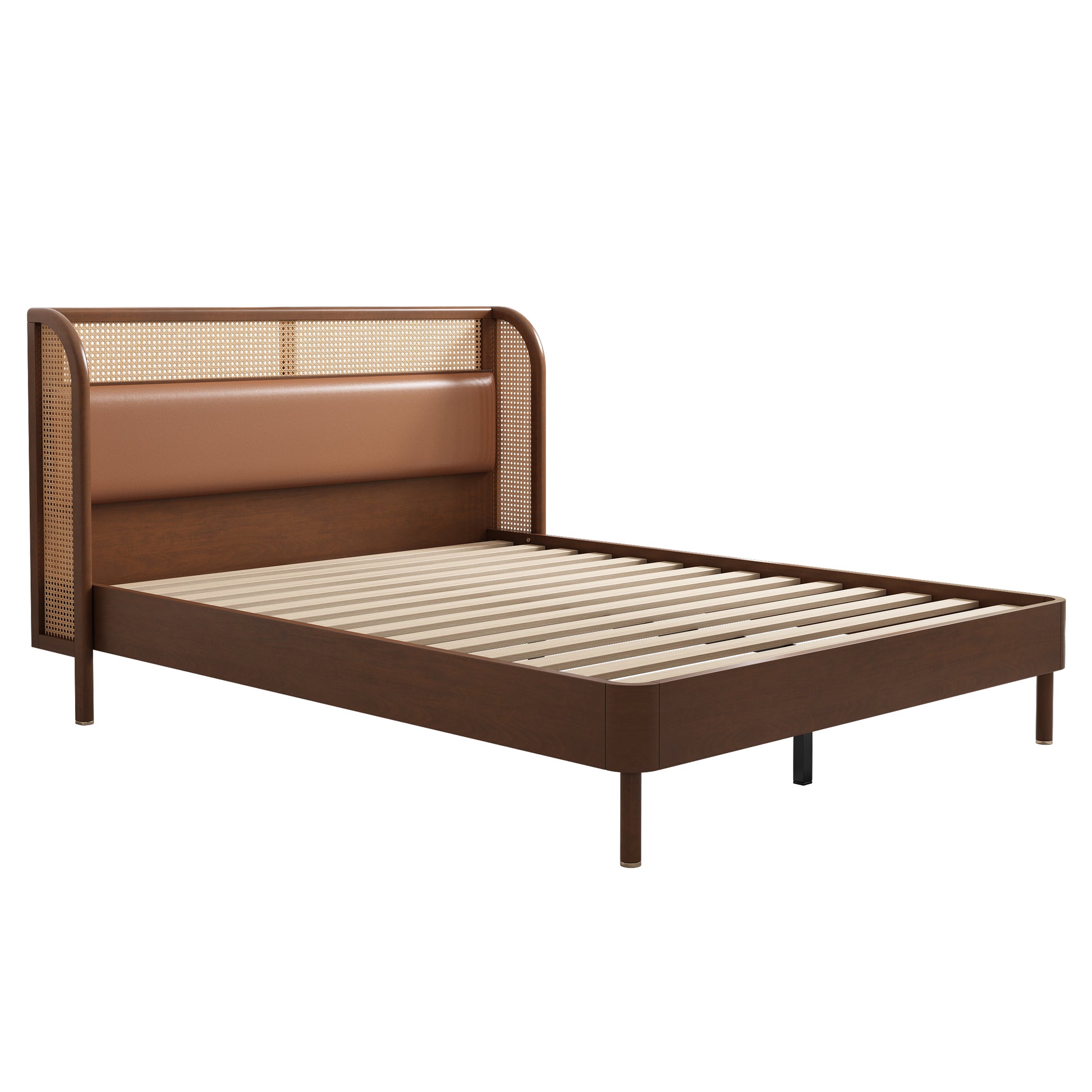 Modern Cannage Rattan Wood Platform Queen Bed, Walnut Walnut Wood