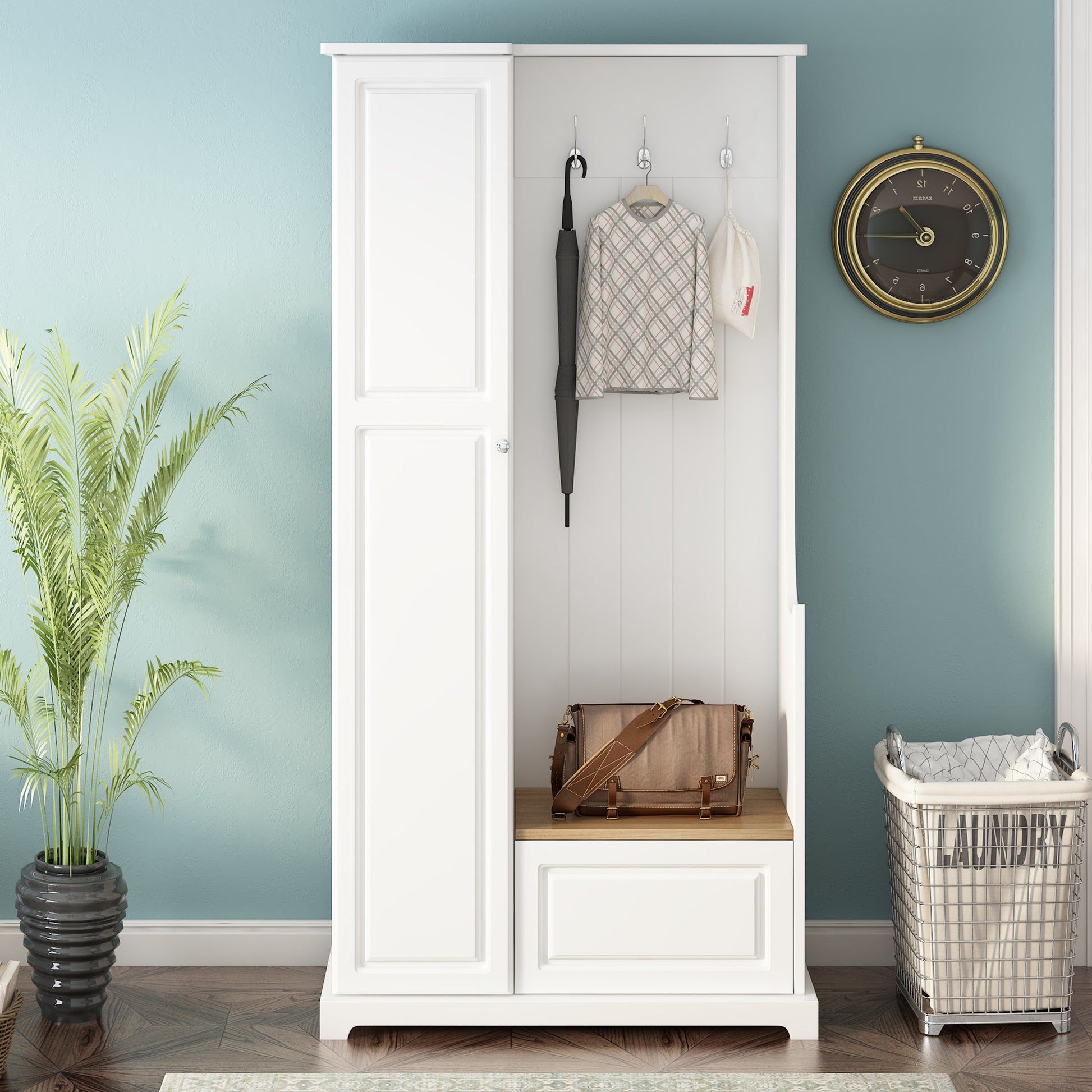Stylish Design Hall Tree With Flip Up Bench, Minimalist Hallway Shoe Cabinet With Adjustable Shelves, Multifunctional Furniture With Hanging Hooks For Entryways, Mudroom, White High Back White Primary Living Space Minimalist Wood Flip Top Mdf