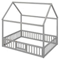 Full Size Wood House Bed With Fence And Door, Gray Wash Gray Pine