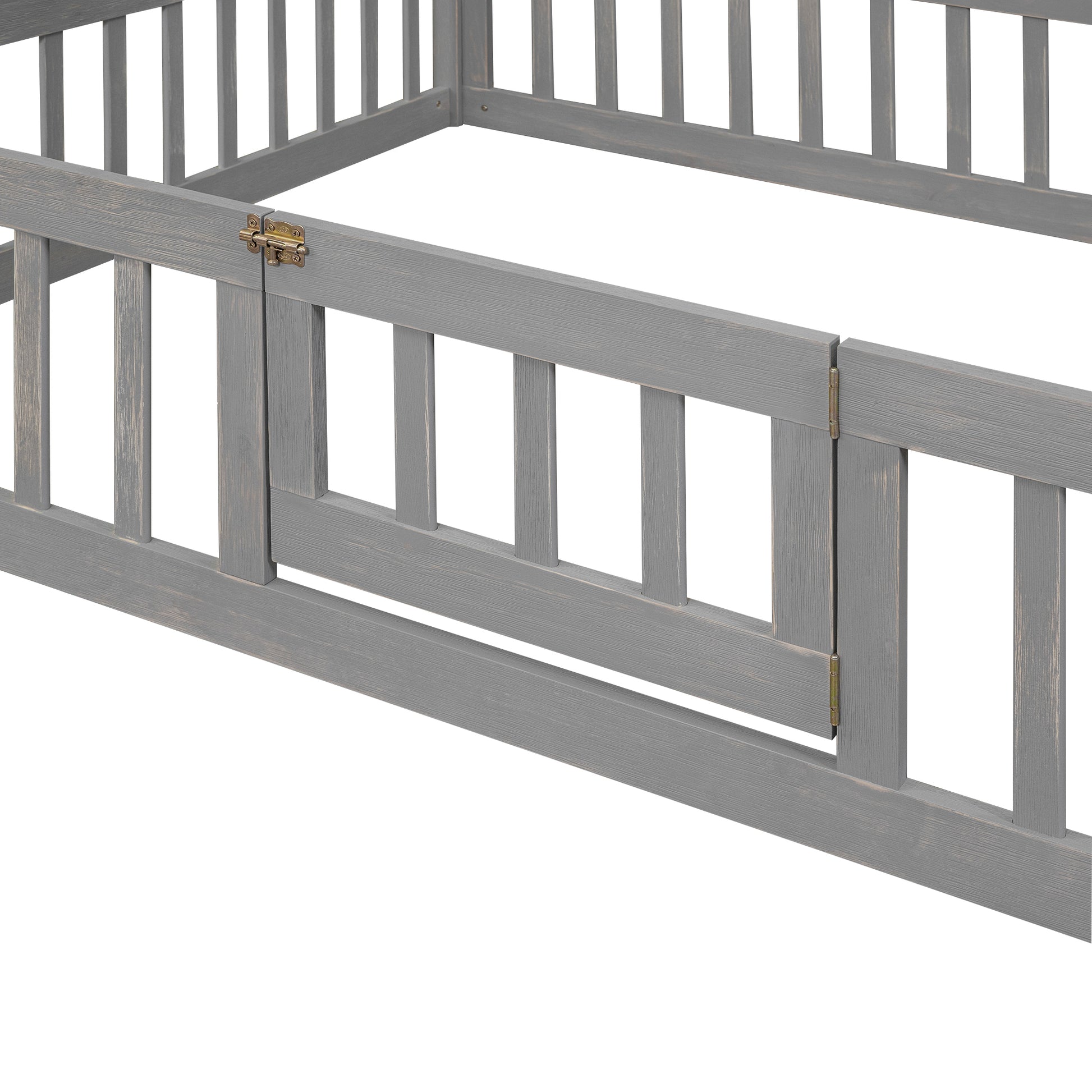 Full Size Wood House Bed With Fence And Door, Gray Wash Gray Pine