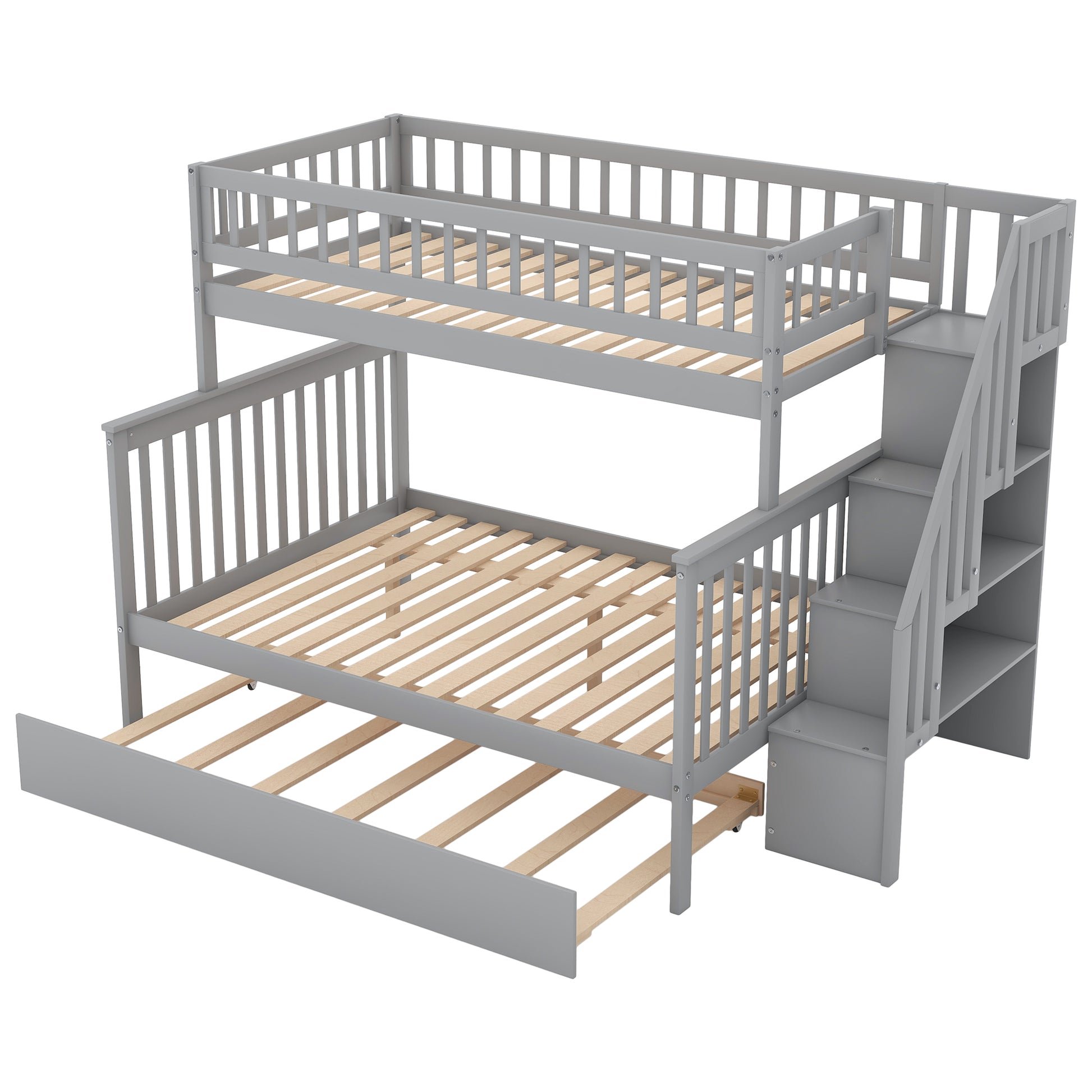 Twin Over Full Bunk Bed With Trundle And Staircase,Gray Twin Gray Pine
