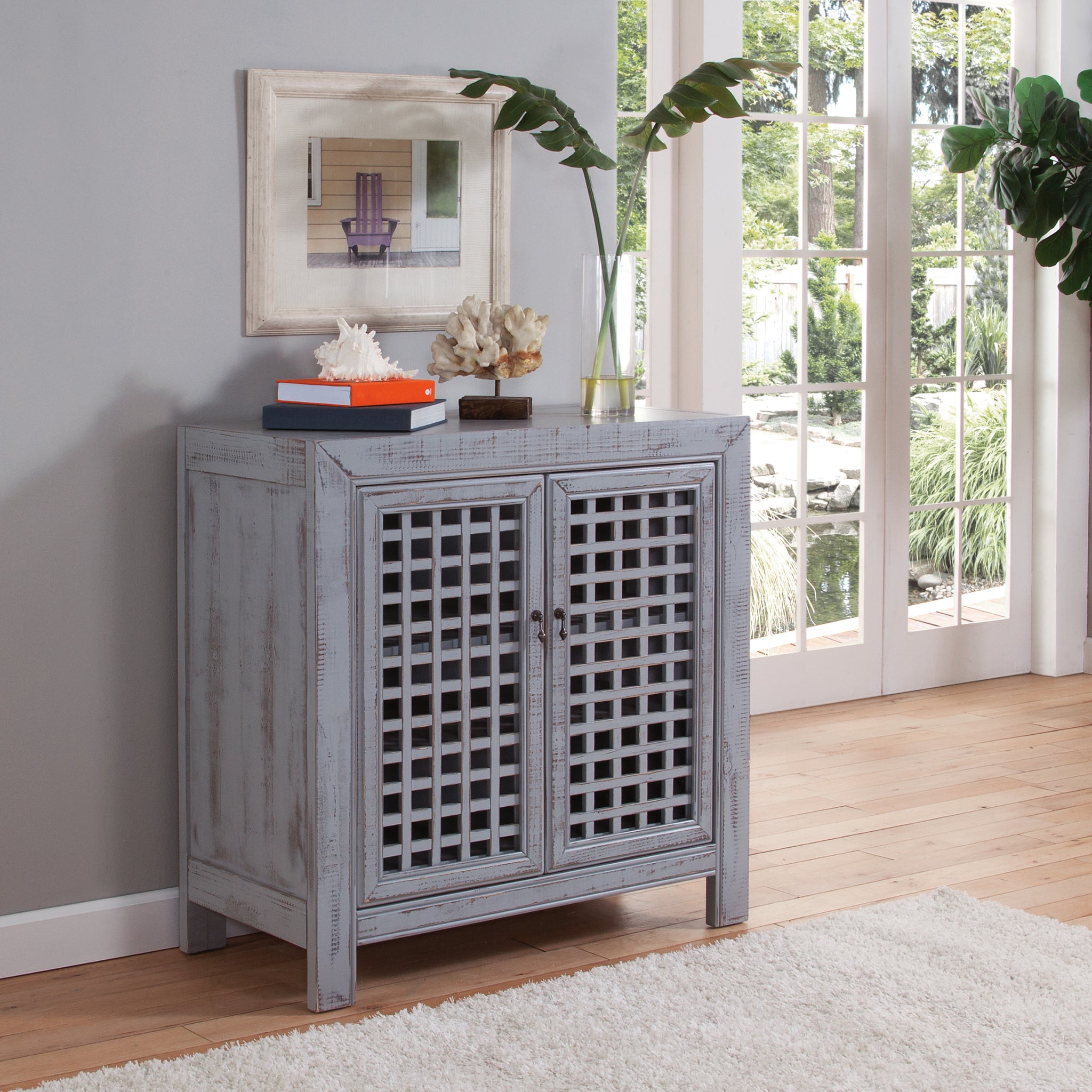 Farmhouse Inspired Accent Cabinet Lattice Work Front, Distressed Grey Finish Grey Solid Wood Mdf